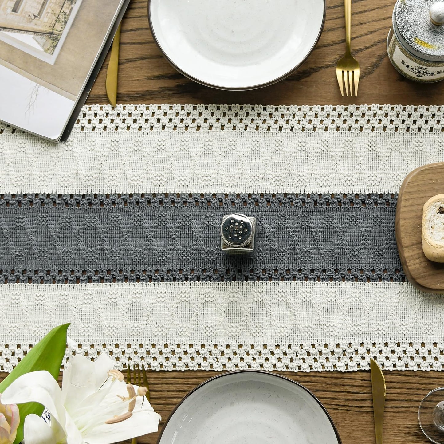 Artoid Mode Dark Grey Farmhouse Rustic Table Runner, Seasonal Holiday Hollow Kitchen Dining Table Decoration for Home Party Decor 12x108 Inch