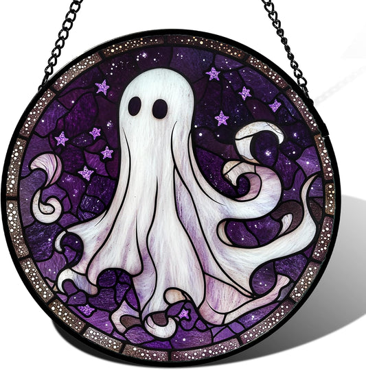 Stained Glass Window Hanging - Halloween Decorations White Ghost Purple Stars Suncatcher for Doors Garden Spooky Funny Sun Catchers Gothic Decor Horror Gifts for Women Men Friend 9.8 in