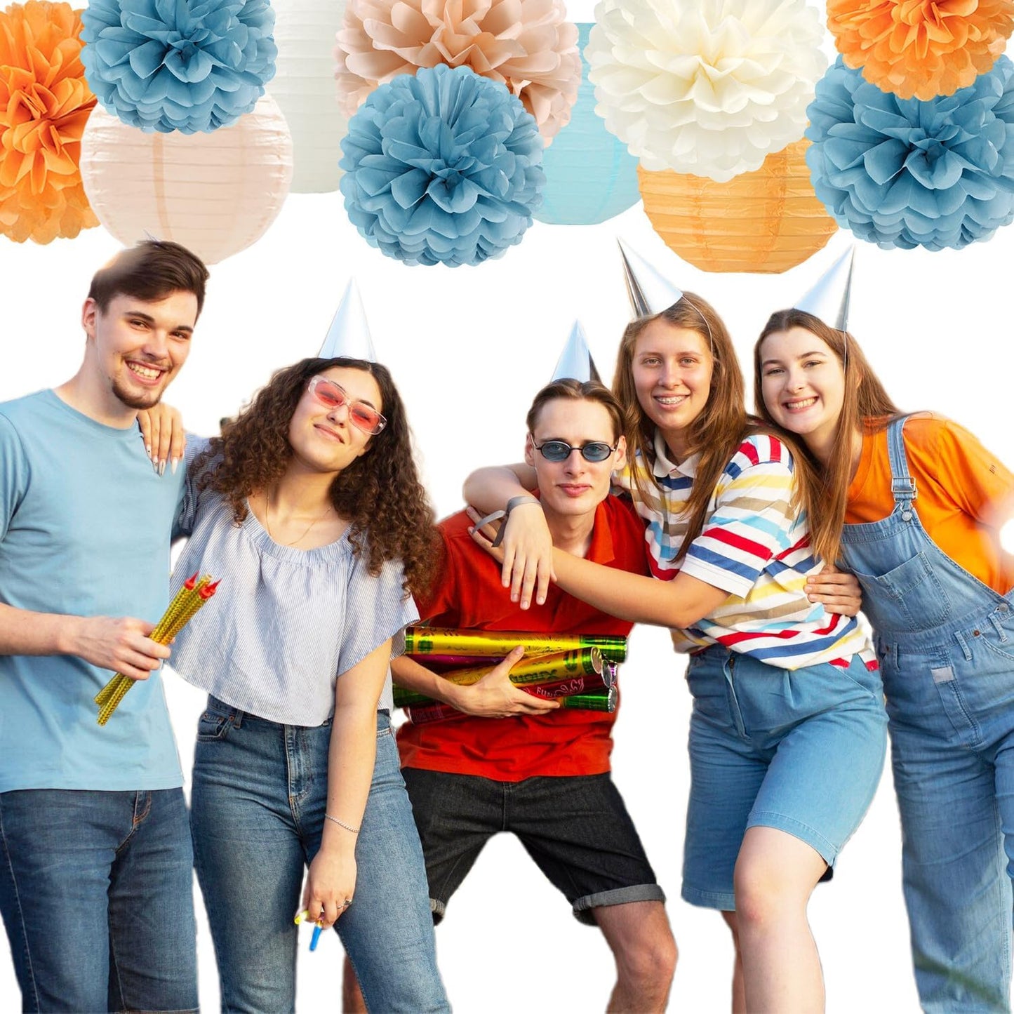 Dusty-Blue Orange Party-Decorations Paper-Flowers Lanterns - 15pc Boho Fall Peach Beige Tissue Pom Poms Streamers,Birthday Bachelorette Bridal Baby Shower Engagement Wedding Graduations Decor Panduola