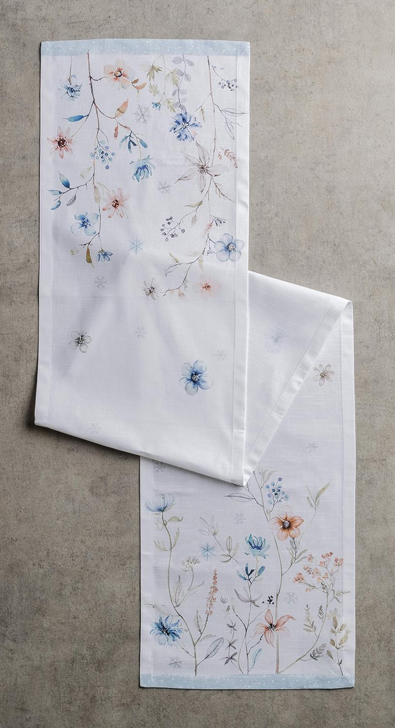 Maison d' Hermine Table Runner 100% Cotton Single Layer Table Runners 36 inches Long for Thanksgiving Christmas Decorations Home Kitchen Dining Party Wedding (Ice Florals, 14.5" x 36")