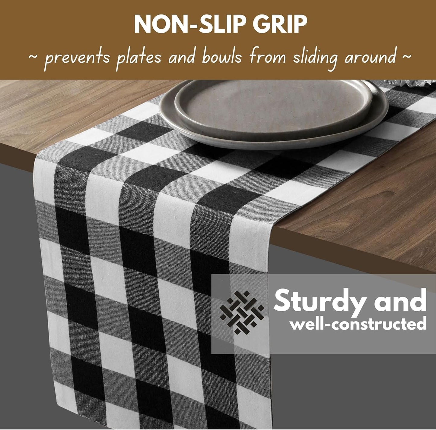 Native Fab Buffalo Check Plaid Table Runner, 100% Cotton, 13x108 Inches, Rustic Farmhouse Kitchen and Dining Décor, Perfect for Weddings, Halloween, Holiday Gatherings, Black and White