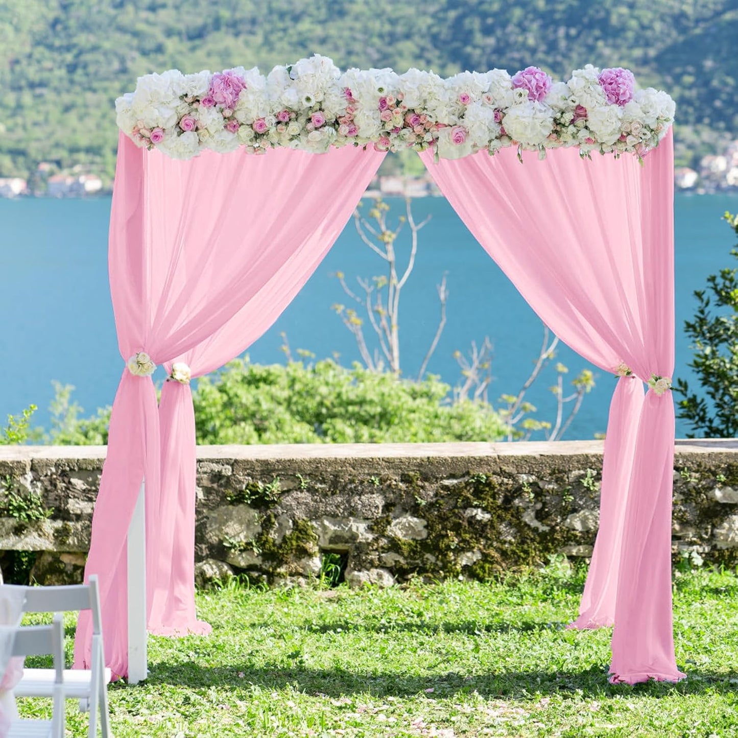 PARTISKY 10x10ft Pink Chiffon Sheer Backdrop Curtains, Wrinkle-Free Wedding Backdrop Drapes for Birthday Party Ceremony Arch Stage Decor Background for Photography 5x10ft,2 Panels