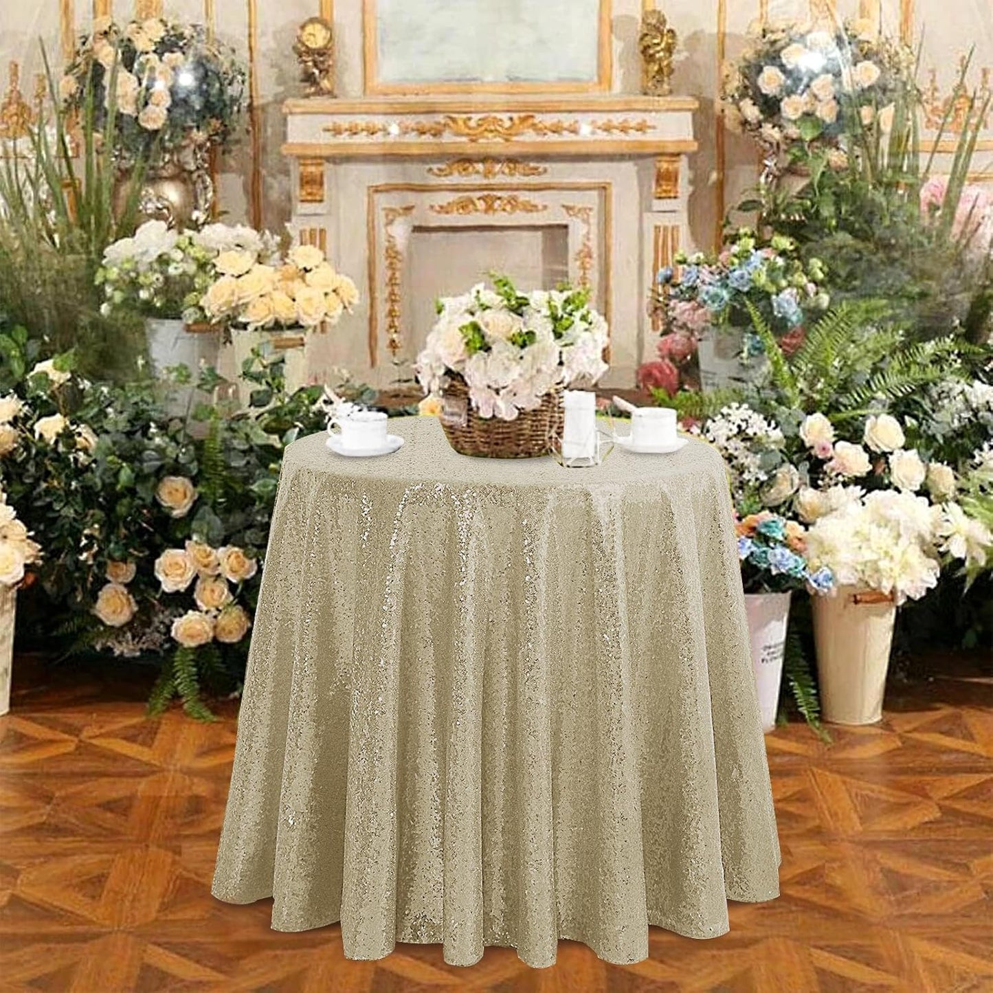 OQSQ Champagne Round Sequin Tablecloth, Glitter Tablecloth for Bridal Shower Decorations, Birthday, Wedding, Dessert, Banquet（50X50 inch Round,Champagne）