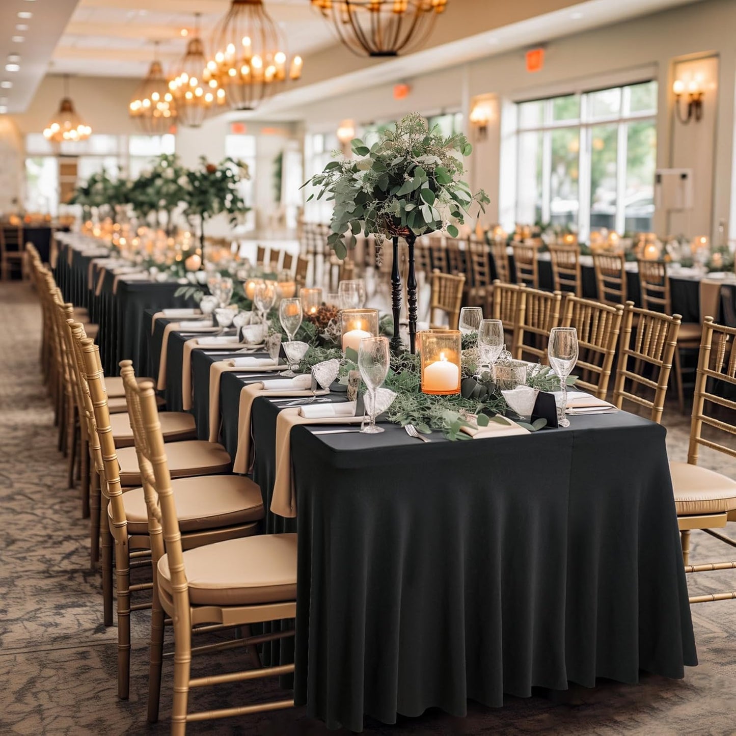 Wish Care 6 Pack Black Spandex Table Cloths for Rectangle Tables 8ft - One-Piece Wrinkle Free Fitted Table Cover 8 Foot Table Stretch Tablecloths for Party, Banquet, Wedding and Events