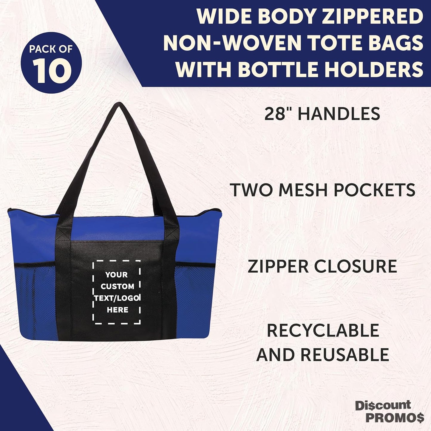 DISCOUNT PROMOS 10 Zippered Non-Woven Tote Bags Set - Customizable Text, Logo - Mesh Pocket, Zippered, Recyclable, Reusable - Blue - 19"X14"X3", with Zipper