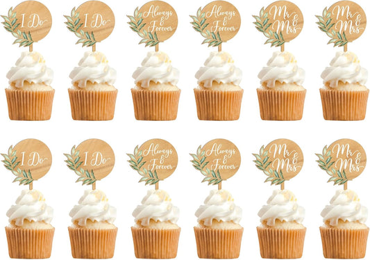 12 PCS Mr & Mrs Wedding Cupcake Toppers with Green Leaves Engagement Cake Decorations