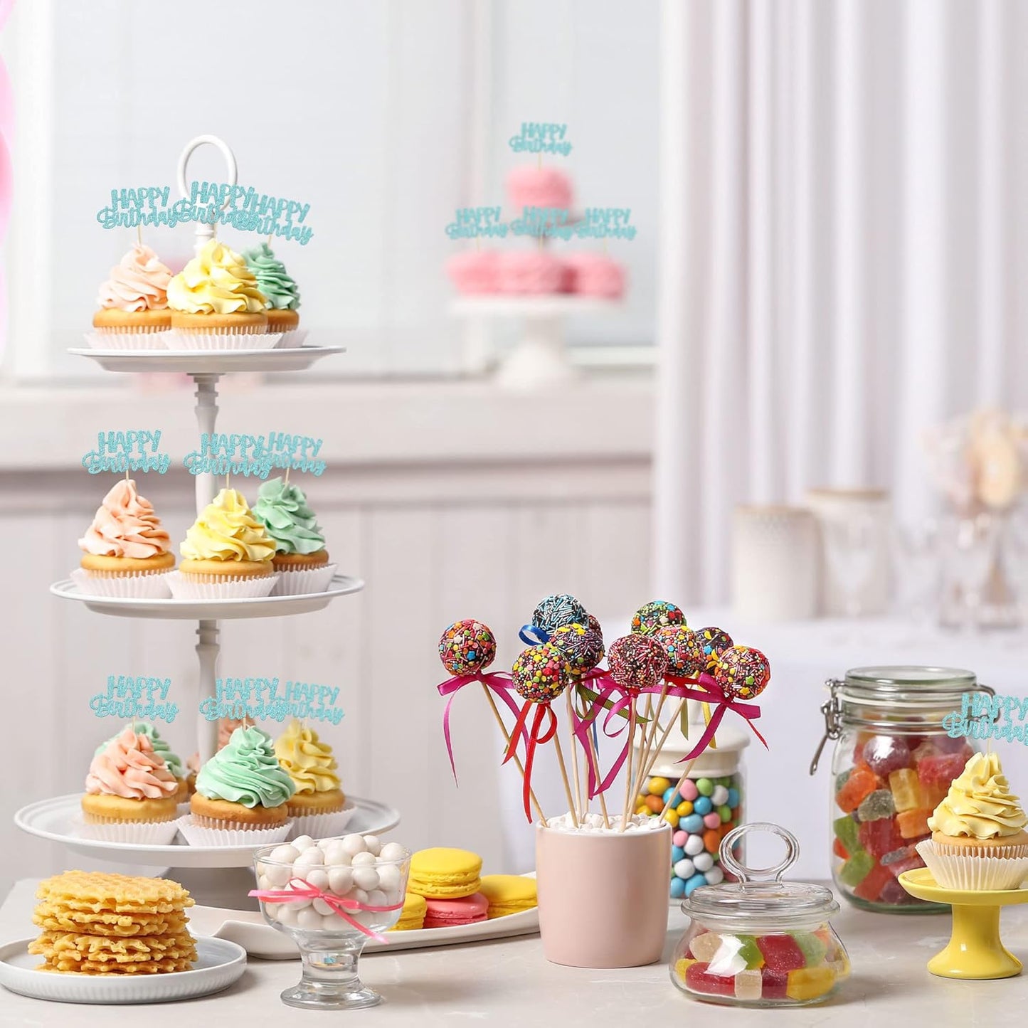 Gyufise 24Pcs Happy Birthday Cupcake Toppers Glitter Birthday Cupcake Food Picks for Celebrating Happy Birthday Party Cake Decorations Supplies Light Blue