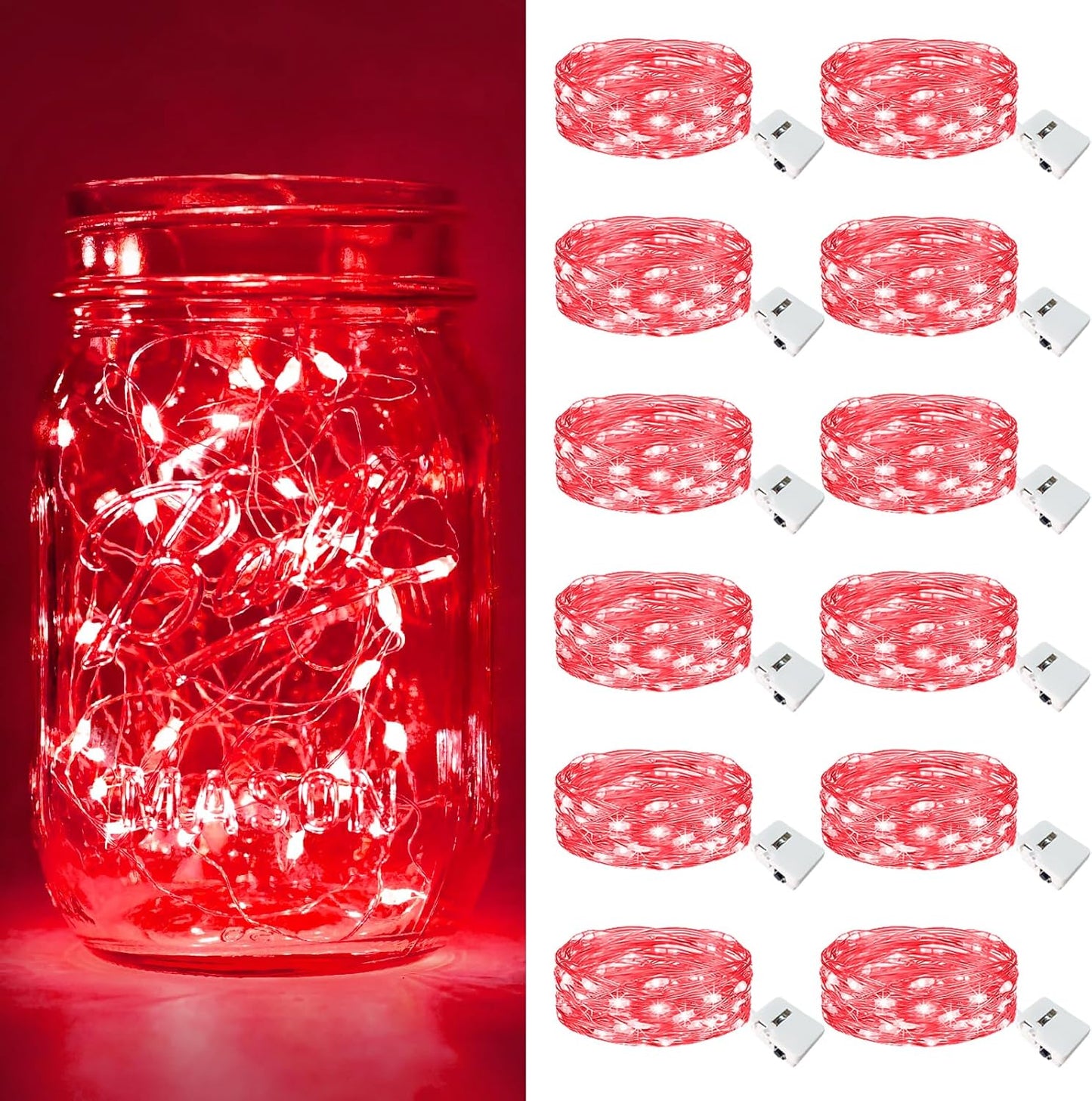 btfarm 12 Pack Fairy Lights Battery Operated [3 Modes], 7ft 20 Led Twinkle Lights String Lights Waterproof Bulk Small Mini Silver Wire for Christmas Mason Jars Wedding Table Centerpiece, Red