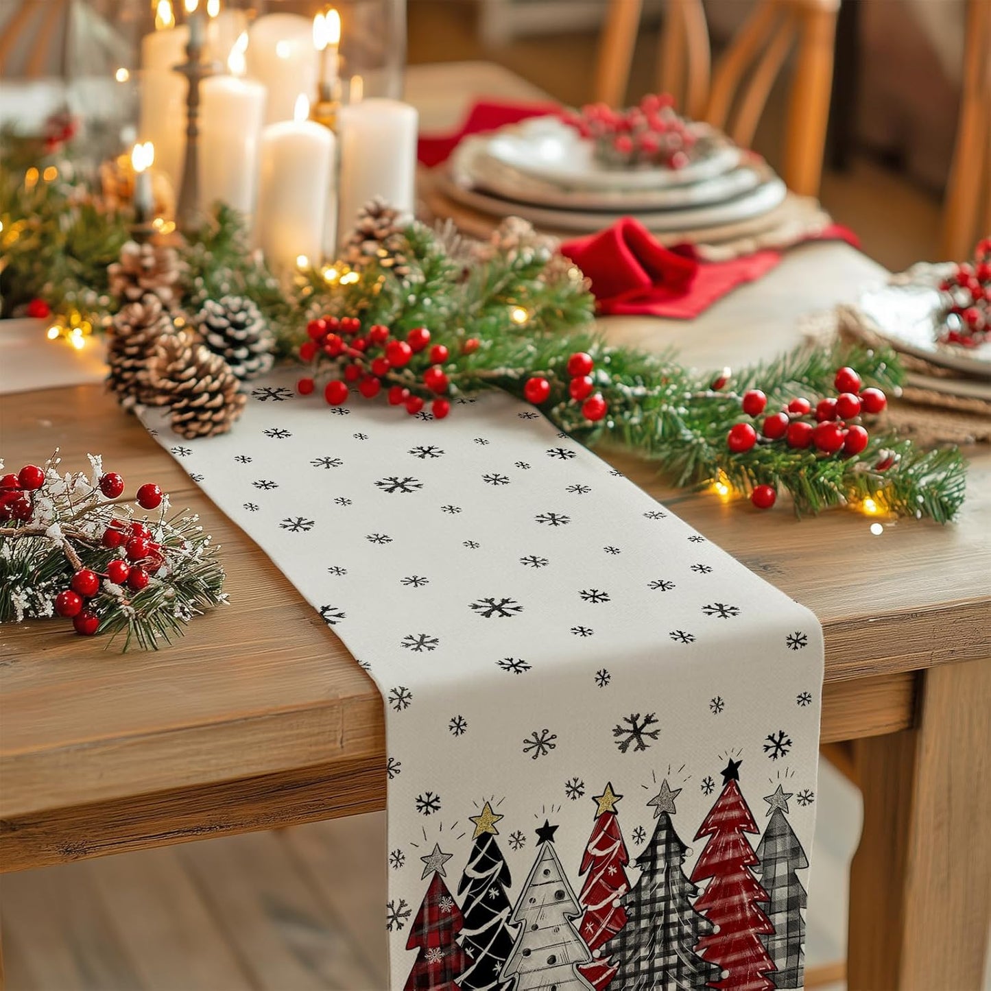 GEEORY Christmas Table Runner 13x108 Inch, Xmas Tees Snowflakes Holiday Decorative Farmhouse Table Decoration for Kitchen Dinning, Indoor Outdoor Dinner Party Decor ((Red & Black) GT165-108