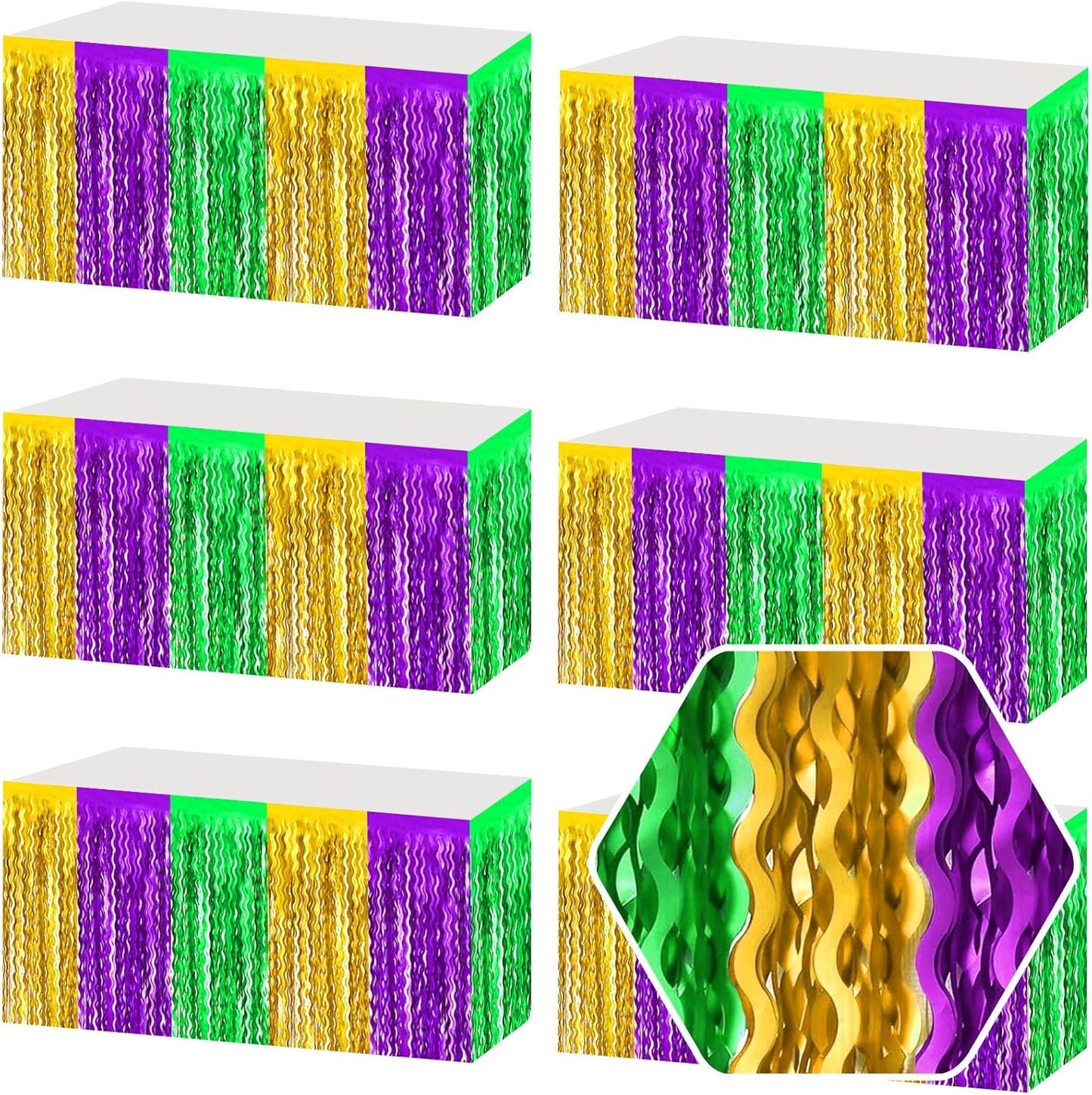 6 Pack 29 x108 Inch Gold Green Purple Wave Foil Fringe Table Skirts Metallic Banner for Tinsel Streamer Garland Backdrop for Parade Floats, Mother's Day, Easter, Wedding, Birthday Party Decoration