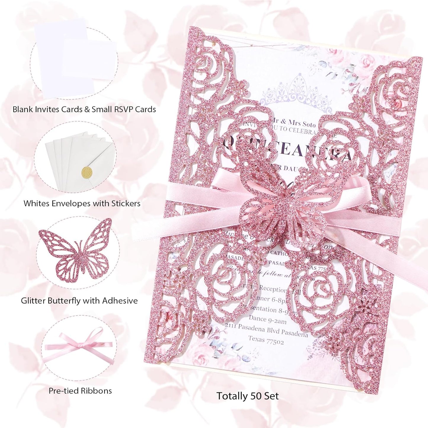 50PCS Pink Wedding Invitations Butterfly Laser Cut Invitation with Envelopes and Rsvp Card Personalized Inner Sheets for Wedding Bridal Baby Shower QuinceañEra Engagement Birthday