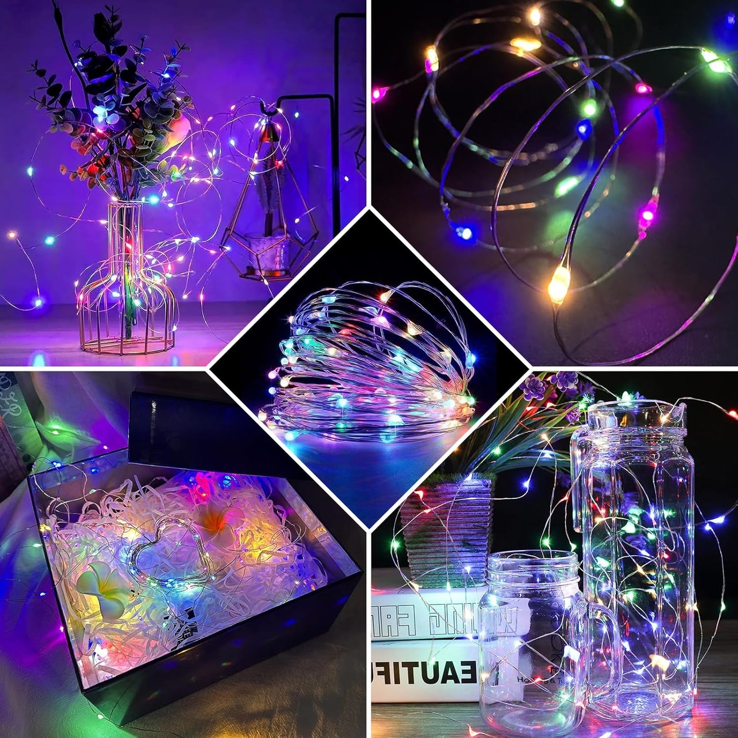 50 Pack Fairy Lights 7Ft 20 LED Twinkle String Lights 3 Modes Battery Operated Waterproof Firefly Starry for Mason Jar Party Wedding Christmas Valentines Day Table Centerpieces,Rainbow