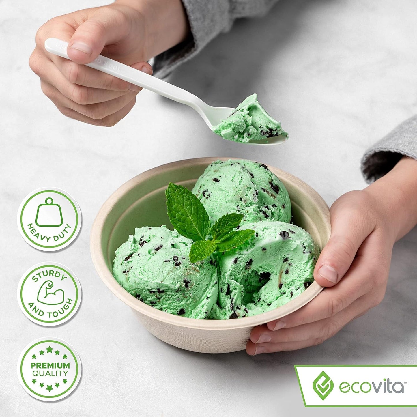 Ecovita 100% Compostable Spoons - 140 Large Disposable Utensils (6.3 in.) Eco Friendly Durable and Heat Resistant Alternative to Plastic Spoons with Convenient Tray