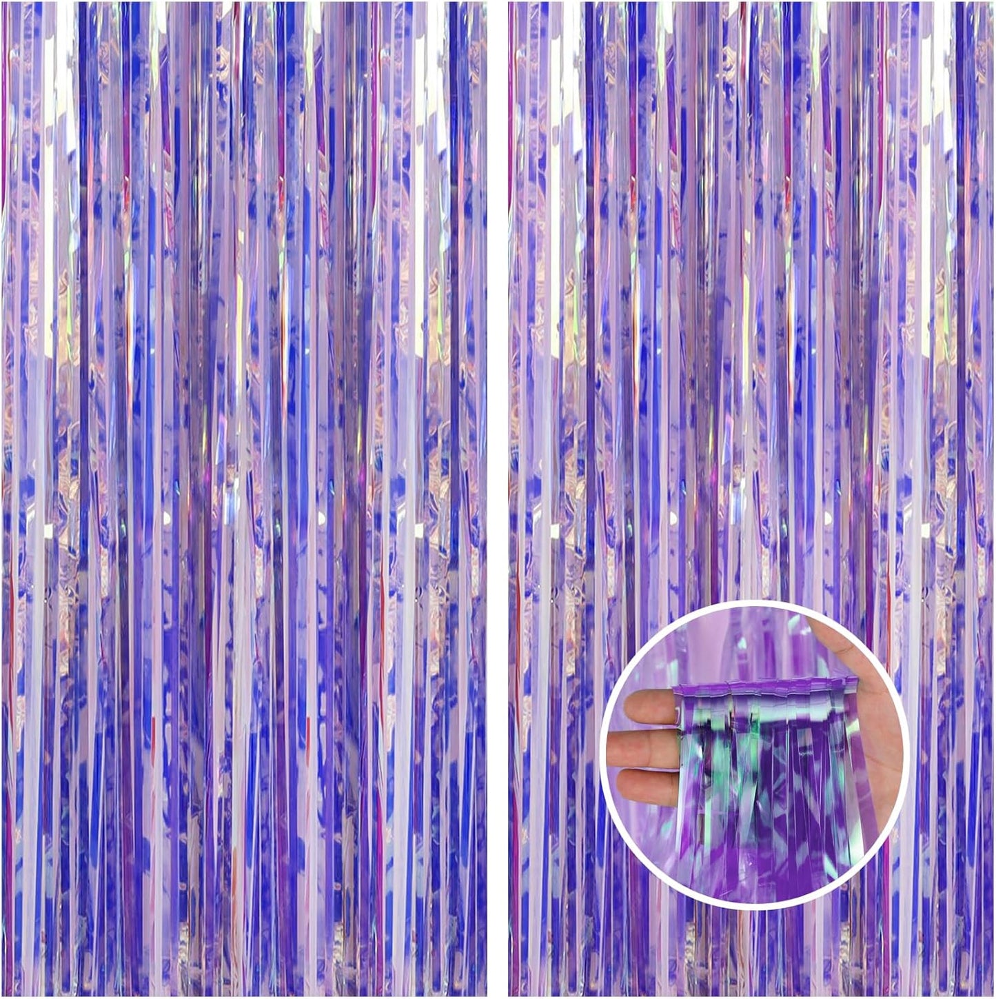 CANREVEL 2 Pack 3.2x6.5 Feet Iridescent Foil Fringe Backdrop Curtains, Clear Purple Tinsel Photo Booth Props Streamers Party Decorations for Birthdays Graduation, Mermaid, Halloween, Disco Party