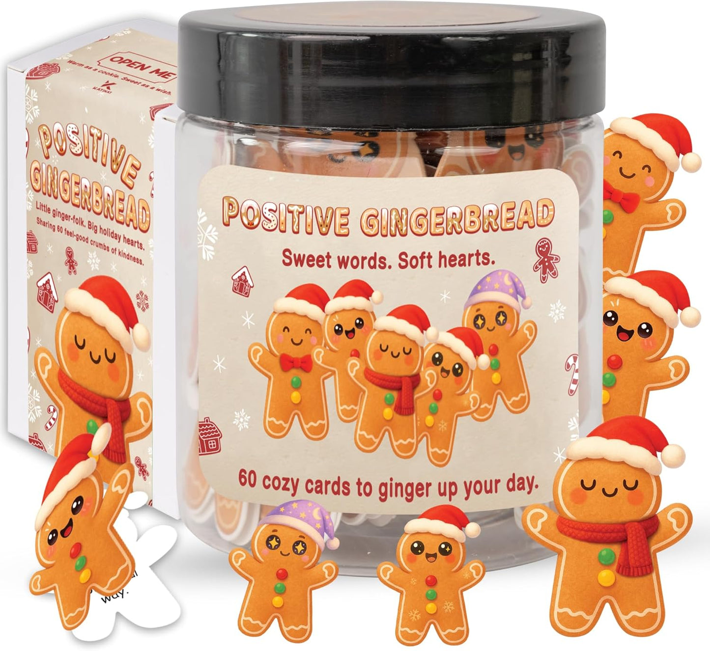 Positive Gingerbread Jar – 60 Funny Emotional Support Gingerbread, Christmas Gifts for Teens, Women, Men, Coworkers, Teachers, Sisters, Friends – Christmas Stocking Stuffer for Teen Girls, Boys, Women