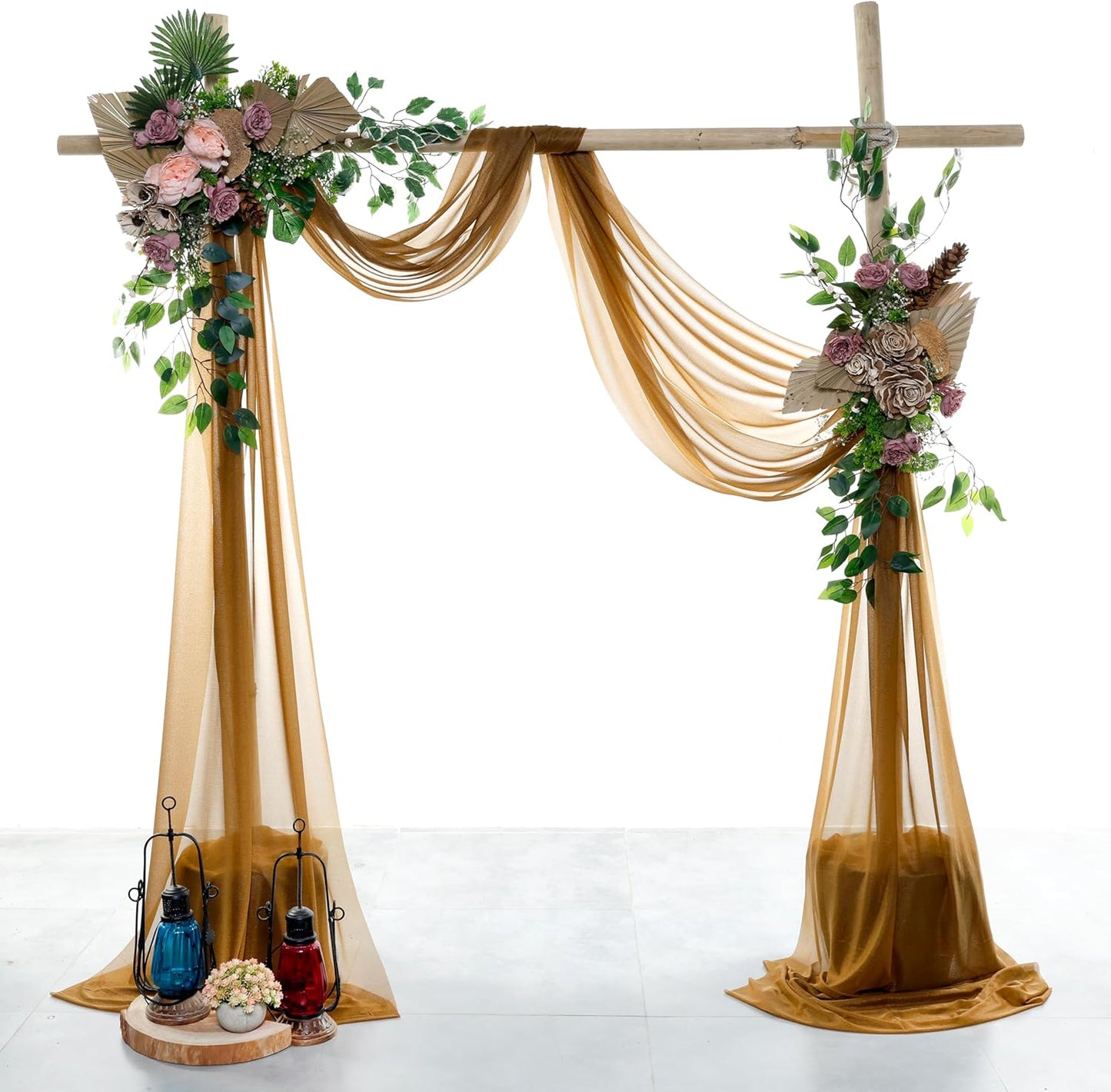 VDS Pack of 3 Panel (30 Inch X 20 Feet) Wedding Arch Draping Fabric Sheer Chiffon Fabric Drapery for Wedding Ceremony Reception Swag Backdrop Canopy Chuppah ARBO Altars Decoration (Mocha)