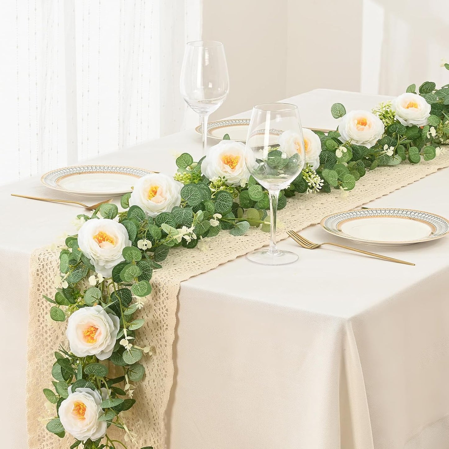 Dolicer 2Pcs 13Ft Artificial Eucalyptus Garlands with Flowers, Faux Floral Greenery Garlands Fake Flowers Vines for Wedding Table Centerpieces Arch Party Ceremony Backdrop Decor (White)