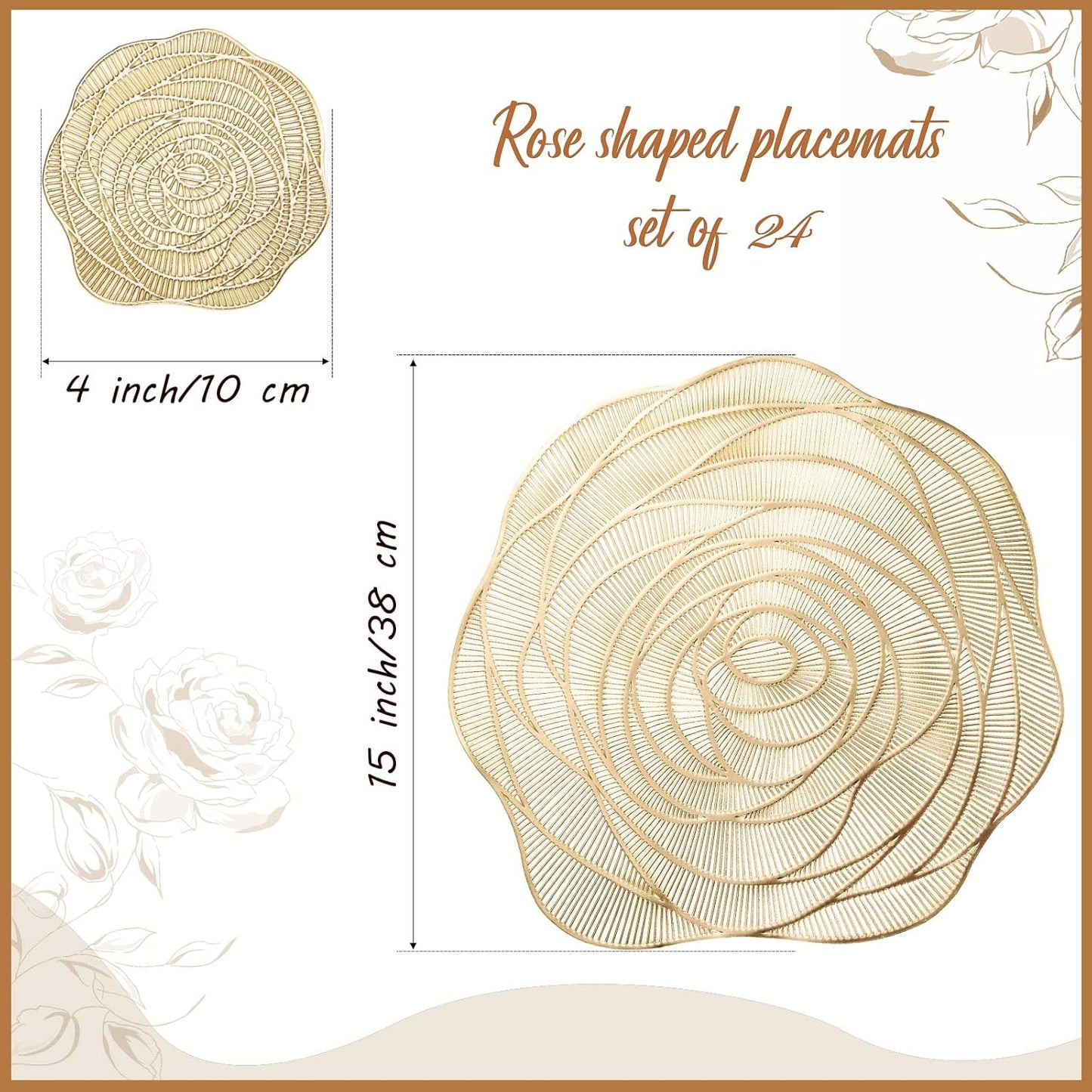 Sieral 24 Set 15 Inch Round Pressed Vinyl Placemats Hollow Out Rose Placemat Set Metallic Slip Resistant Place Mat Coaster Including Place Mats and Coasters for Wedding Dining Kitchen (Gold)