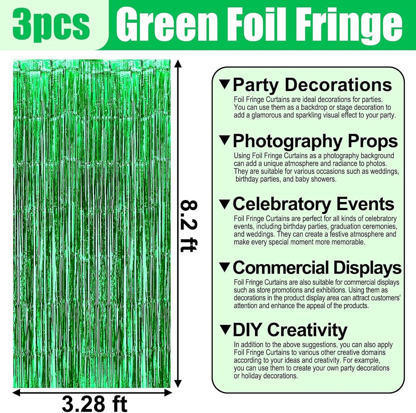 3 Pack Green Foil Fringe Curtain Backdrop, 3.28Ft x 8.2Ft Metallic Tinsel Foil Fringe Streamer Curtains for Photo Booth, Christmas Day, Thanksgiving, Wedding, New Year Party Decorations