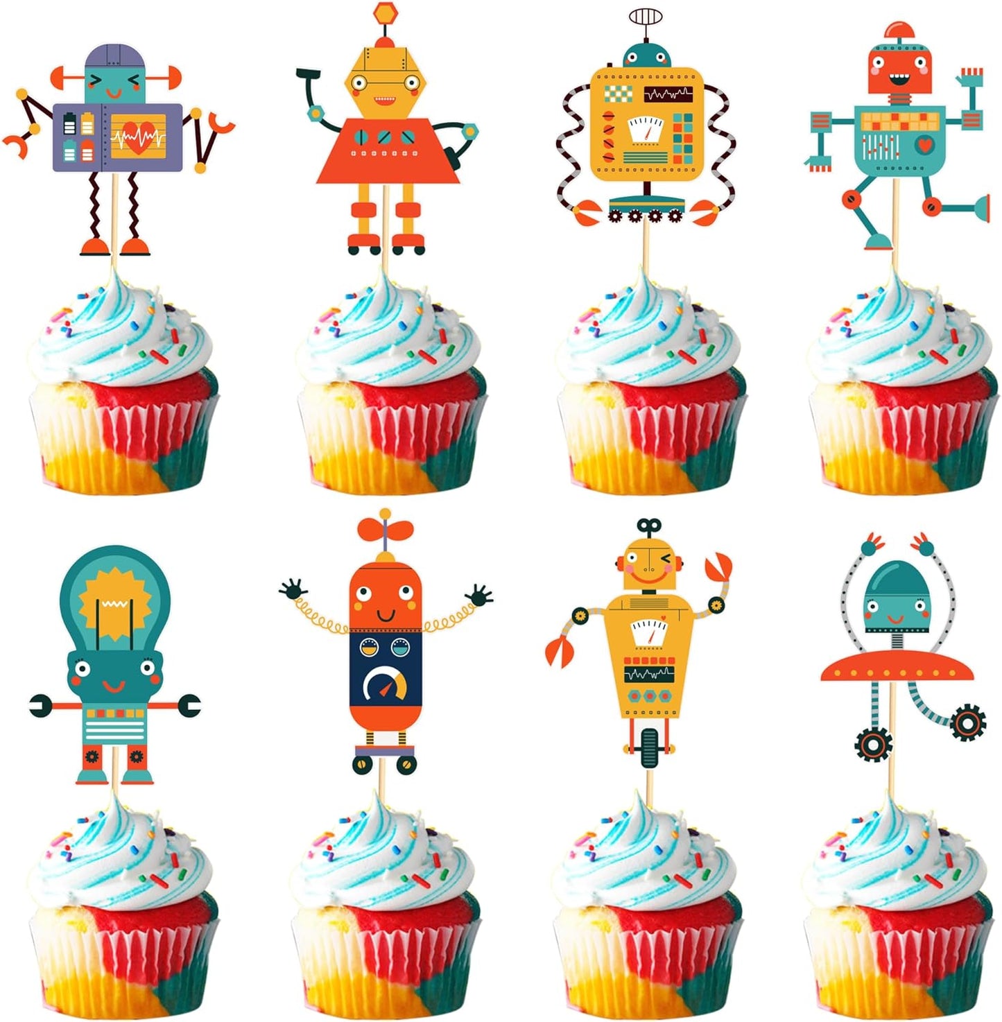 24pcs Robot Cupcake Toppers Robot Cake Decorations for Robot Birthday Party Decorations Birthday for Boys Gear Robot Baby Shower Supplies