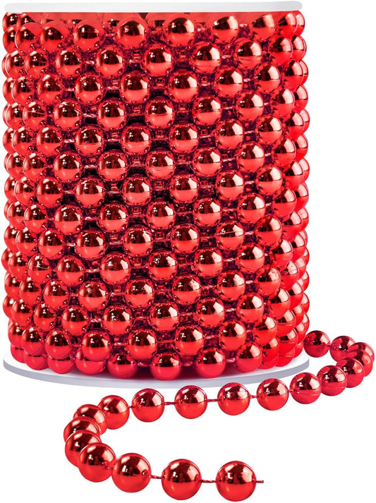 Faux Red Pearl Beads Garland - 10mm Christmas Tree Beads, 11 Yards Red Pearl Strands Spool for Wedding Party & Christmas Tree Decoration