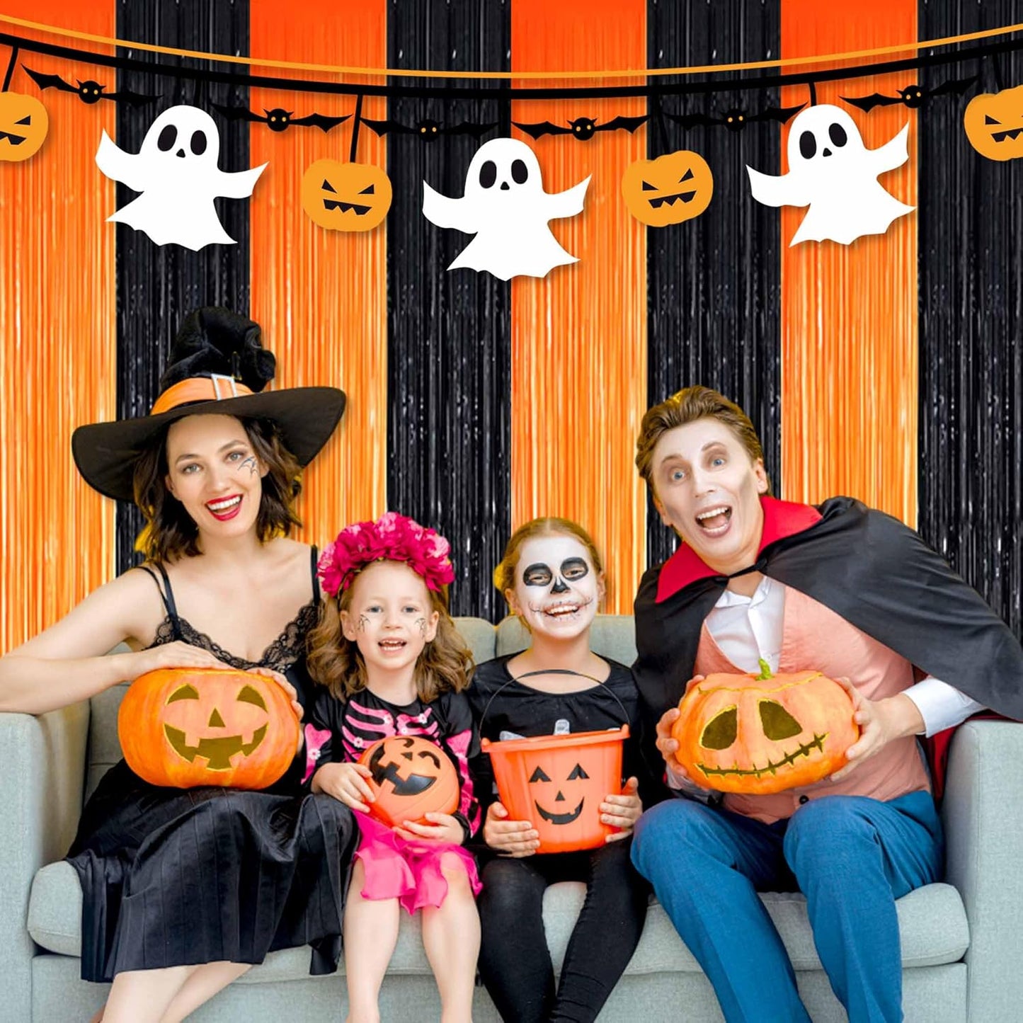 6 Pack Black Orange Foil Fringe Curtains Backdrop, 3.28 x 8.2 Ft Metallic Streamers Tinsel Curtains Background for Photo Booth, Birthday, Weddings, Carnivals, Graduation, Themed Party Decorations