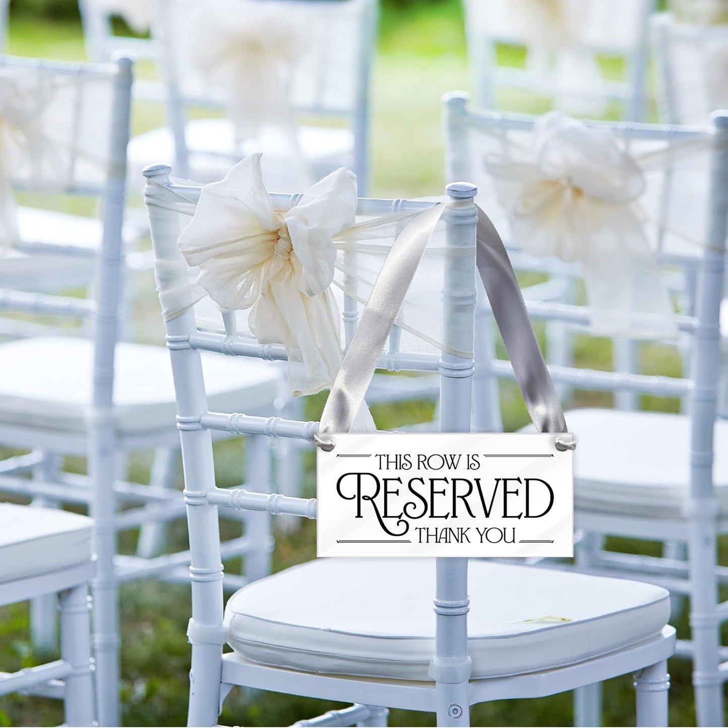 4 pcs Reserved Row Signs for Wedding, Acrylic Reserved Signs for Wedding Decor, 7.75x3.75 Reserve Seating Sign, Hanging Reserve Table Sign for Chairs Pews & Family, Includes Ribbon, Made in USA