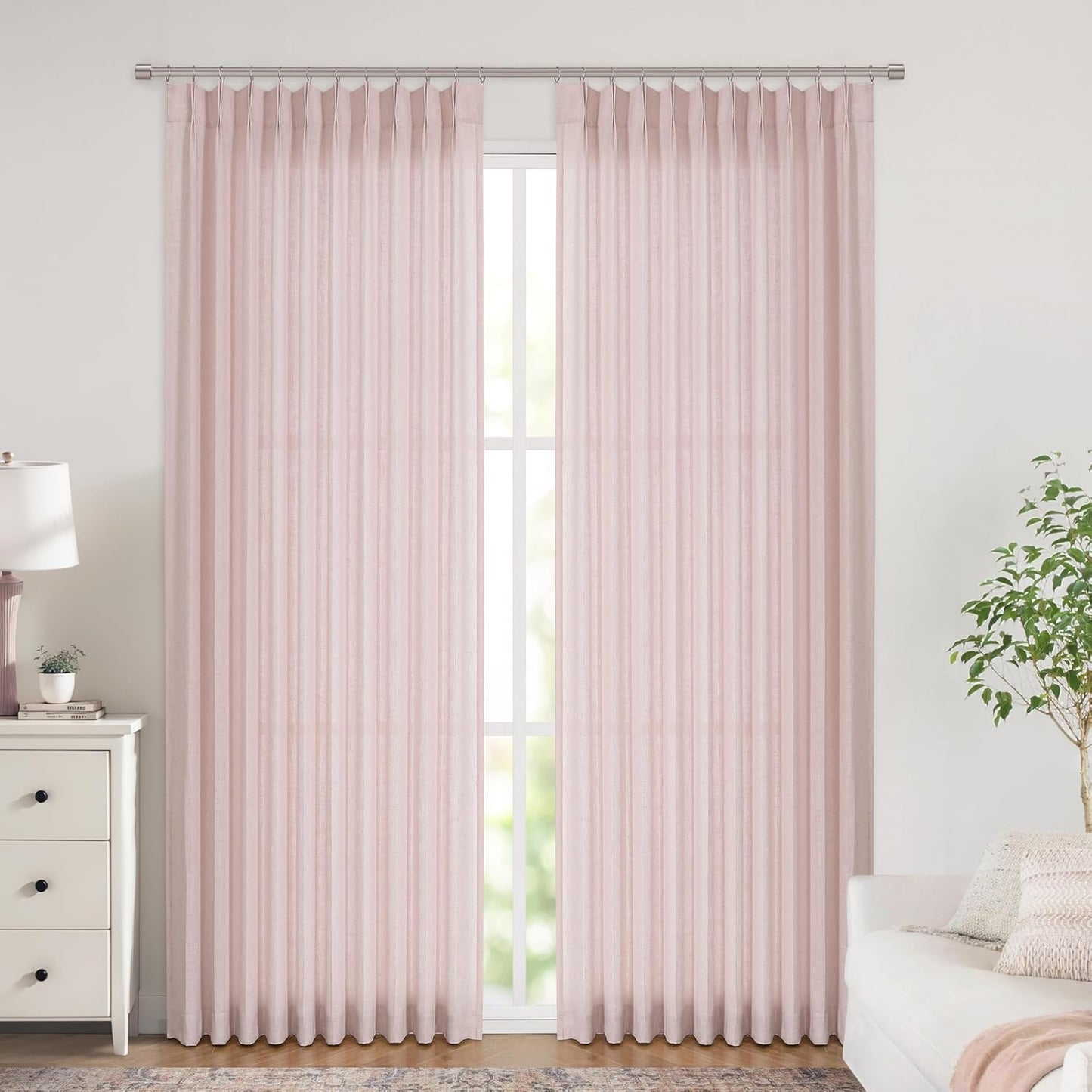 Vision Home Soft Pink Pinch Pleated Semi Sheer Curtains Textured Linen Blended Light Filtering Window Curtains 72 inch for Living Room Bedroom Patio Pinch Pleat Drapes with Hooks 1 Panel 60" Wx72 L