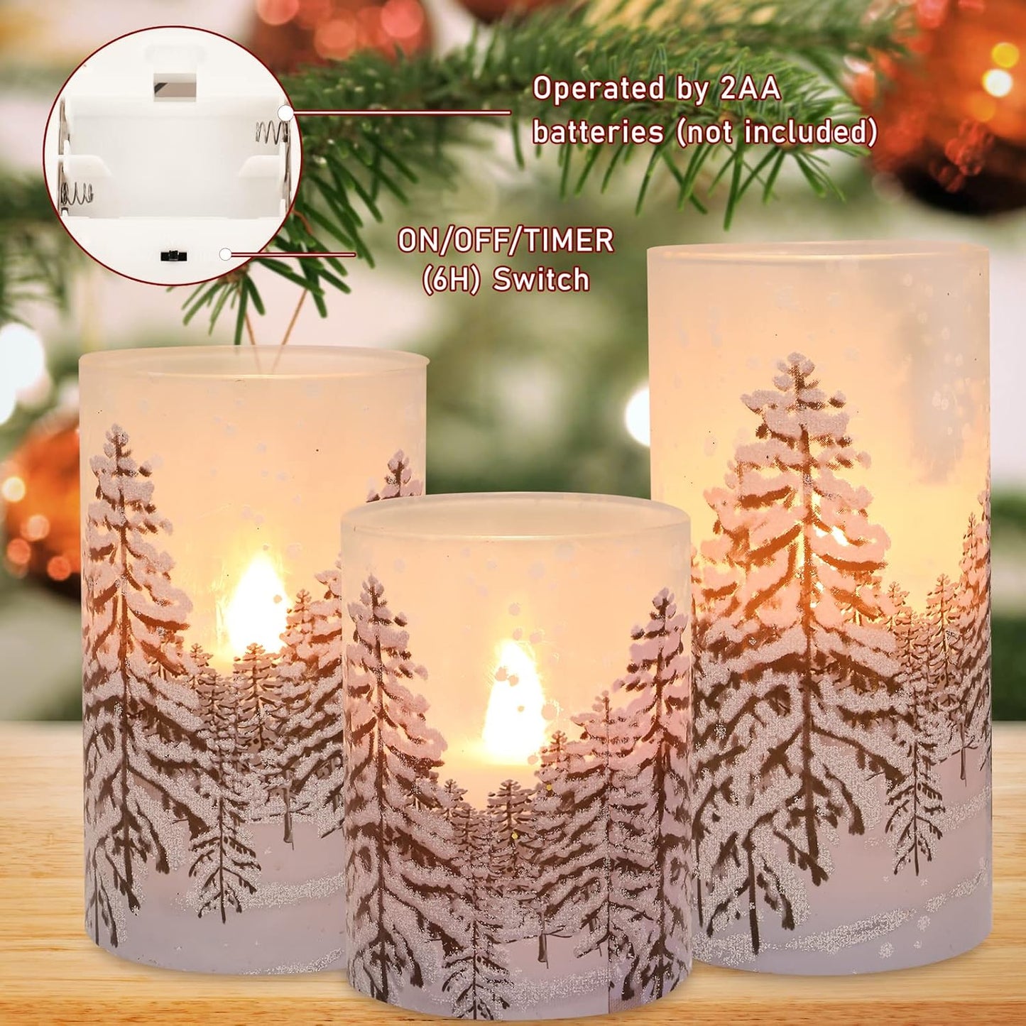 Silverstro Christmas Tree Flameless Candles with Remote Control & Timer Function, Real Wax Glass Candles, Home Party Wedding Holiday Xmas Decor, Set of 3