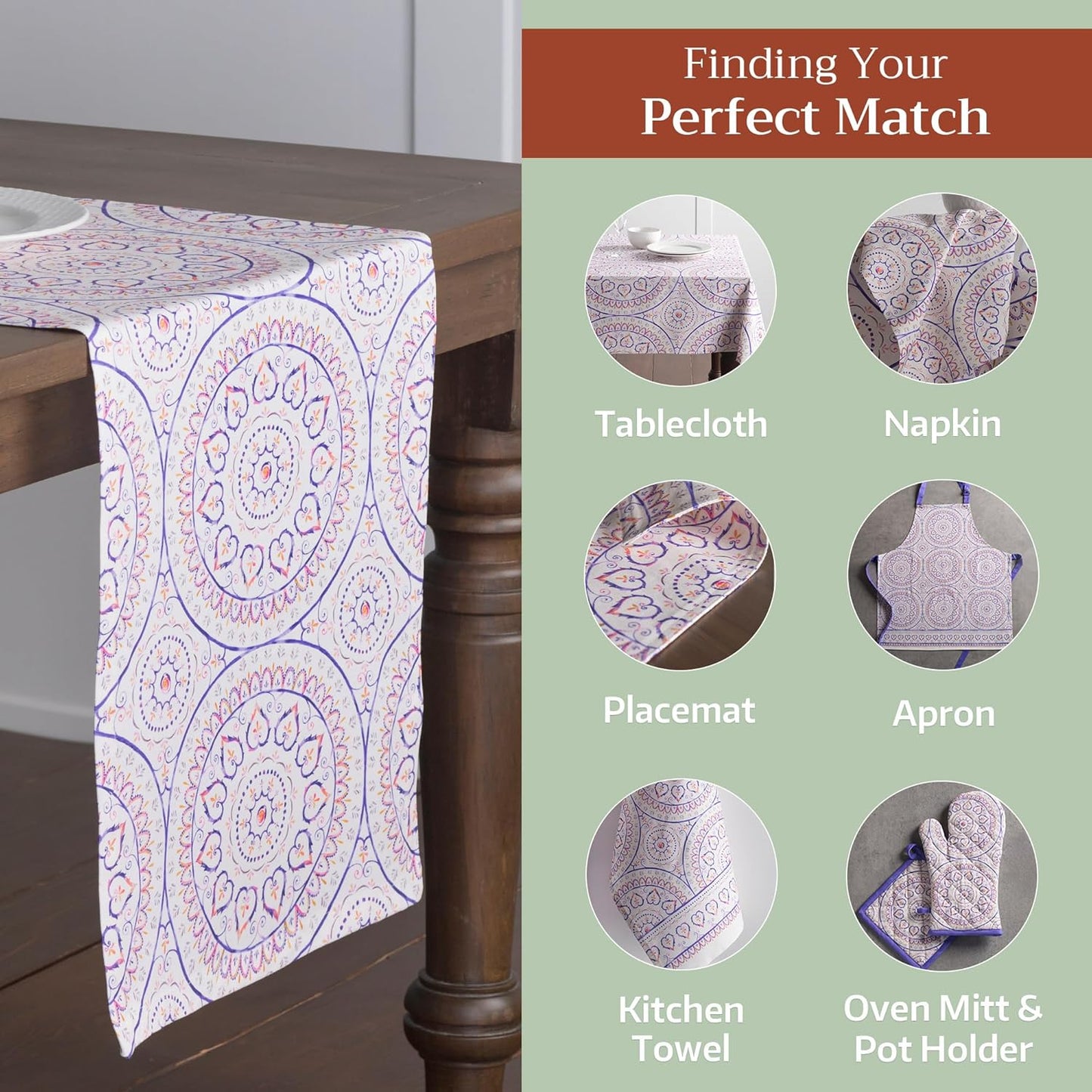 Maison d' Hermine Table Runner 100% Cotton Double Layer Table Runners 72 inches Long Decorative for Home Kitchen Dining Party Baby Shower Wedding Bridal Shower Spring Summer (Mandala, 14.50" x 72")