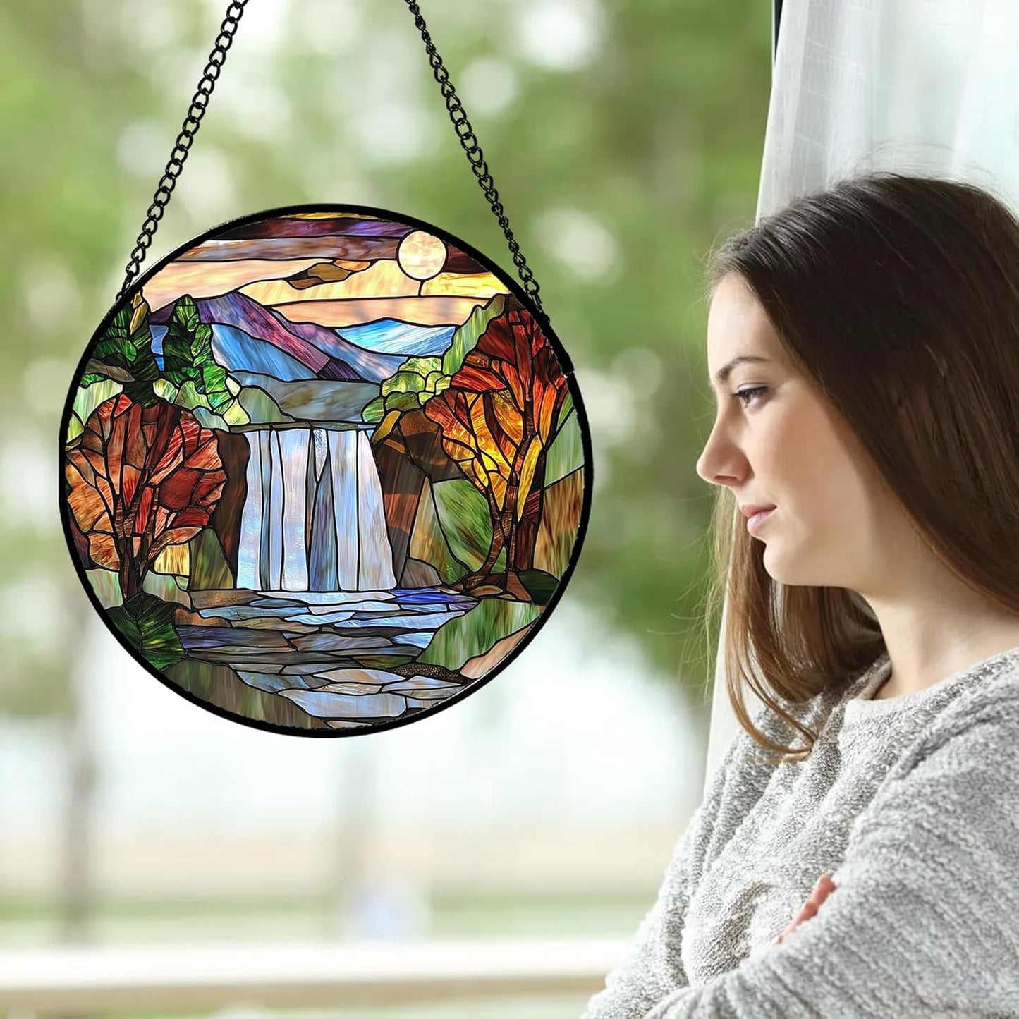 Stained Glass Window Hanging, Abstract Landscape Waterfall Mountains Trees Suncatcher for Doors Window Home Sun Catchers Decor Mother's Day Birthday Gifts for Women Men Mom 6.3 in
