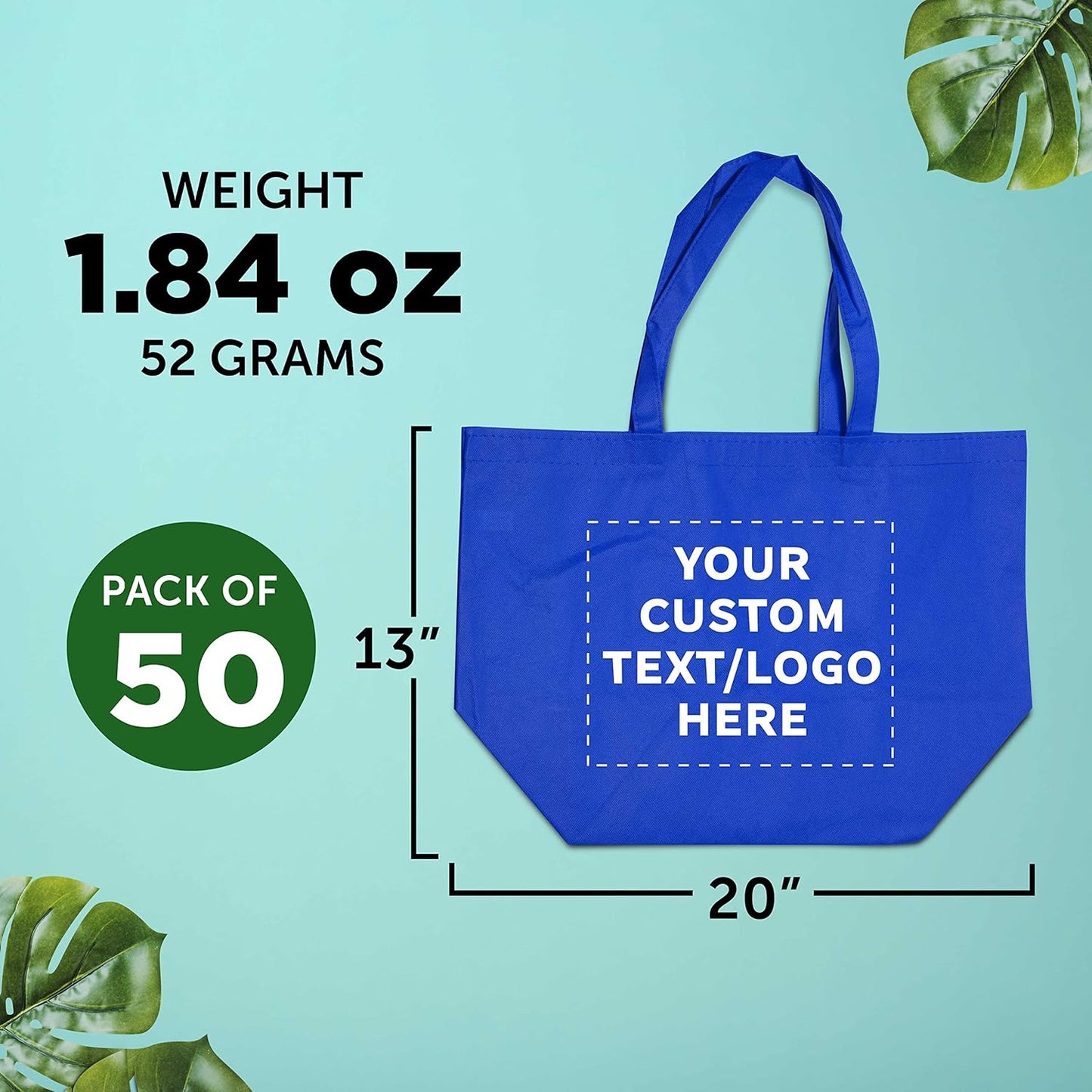 DISCOUNT PROMOS Custom Southern Style Grocery Tote Bags Set of 50 - Personalized Bulk Pack, Reusable Grocery & Shopping Bags - Great for Travel, Carry on Bag, Business Promotions - Blue - 20"X13"X8"