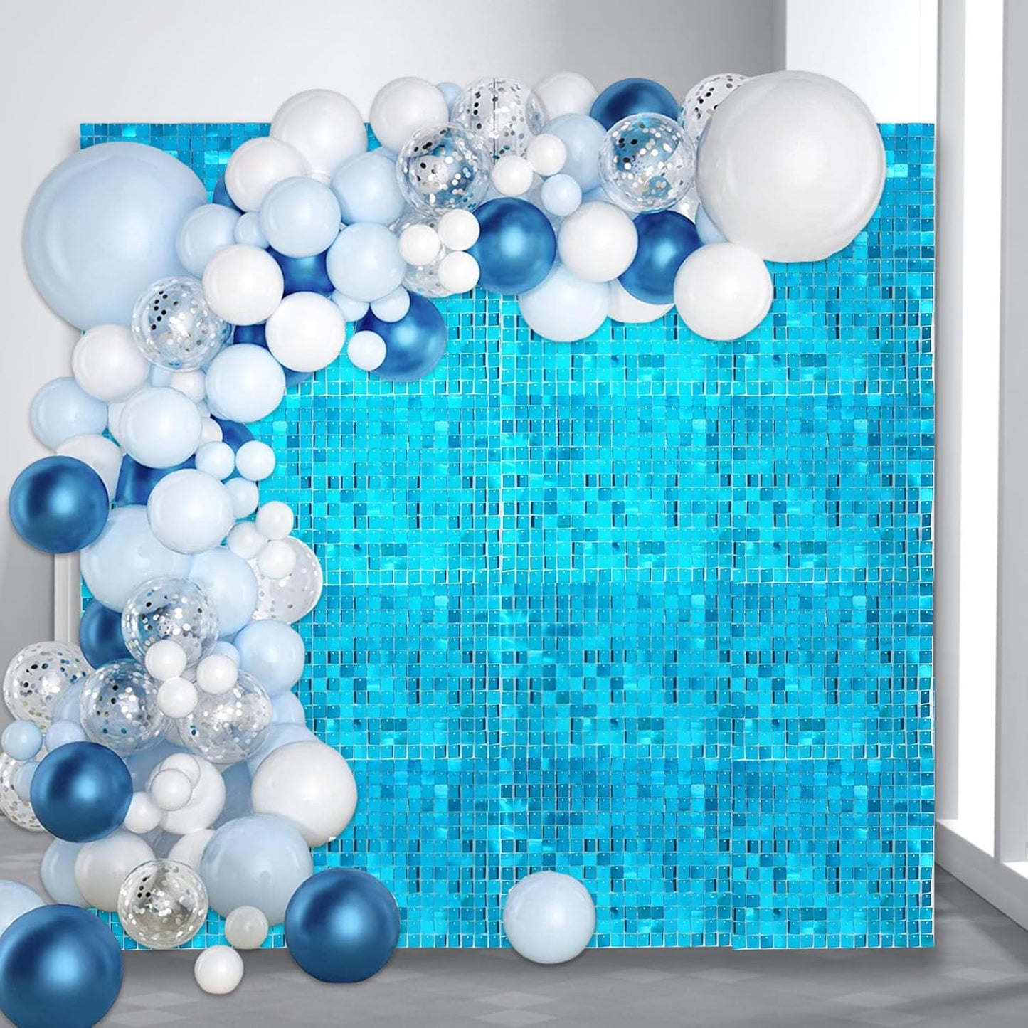 24PCS Lake Blue Shimmer Wall Backdrop, Square Sequin Backdrops Panel, Glitter Wall Background for Birthdays, Weddings, Graduation, Engagements, Disco Bachelorette Party Decoration (4FTx6FT)