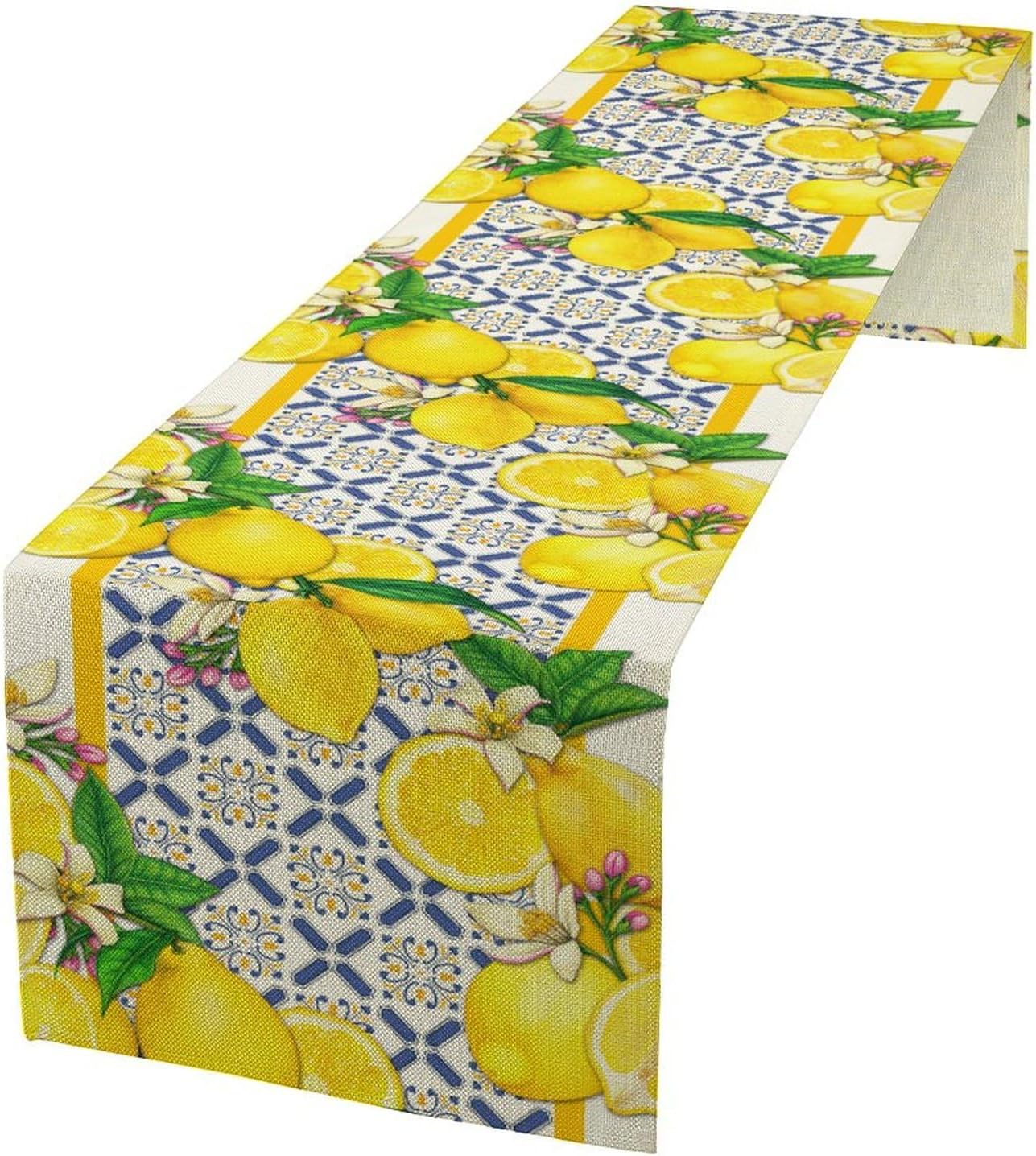 Lemon Table Runner,Spring Summer Seasonal Yellow Blue Table Runner for Kitchen Dining Table Home Party Decoration 13x72 Inch