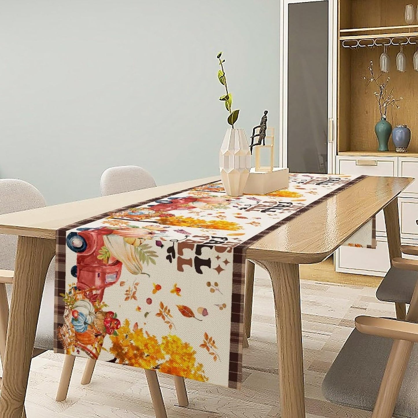 Fall Pumpkin Table Runner,Rustic Maple Yellow Leaf Trees Truncks Brown Plaid Tablecloth Burlap for Hotel Indoors Outdoor Dining Room Kitchen Home Decor,W13X L90 in