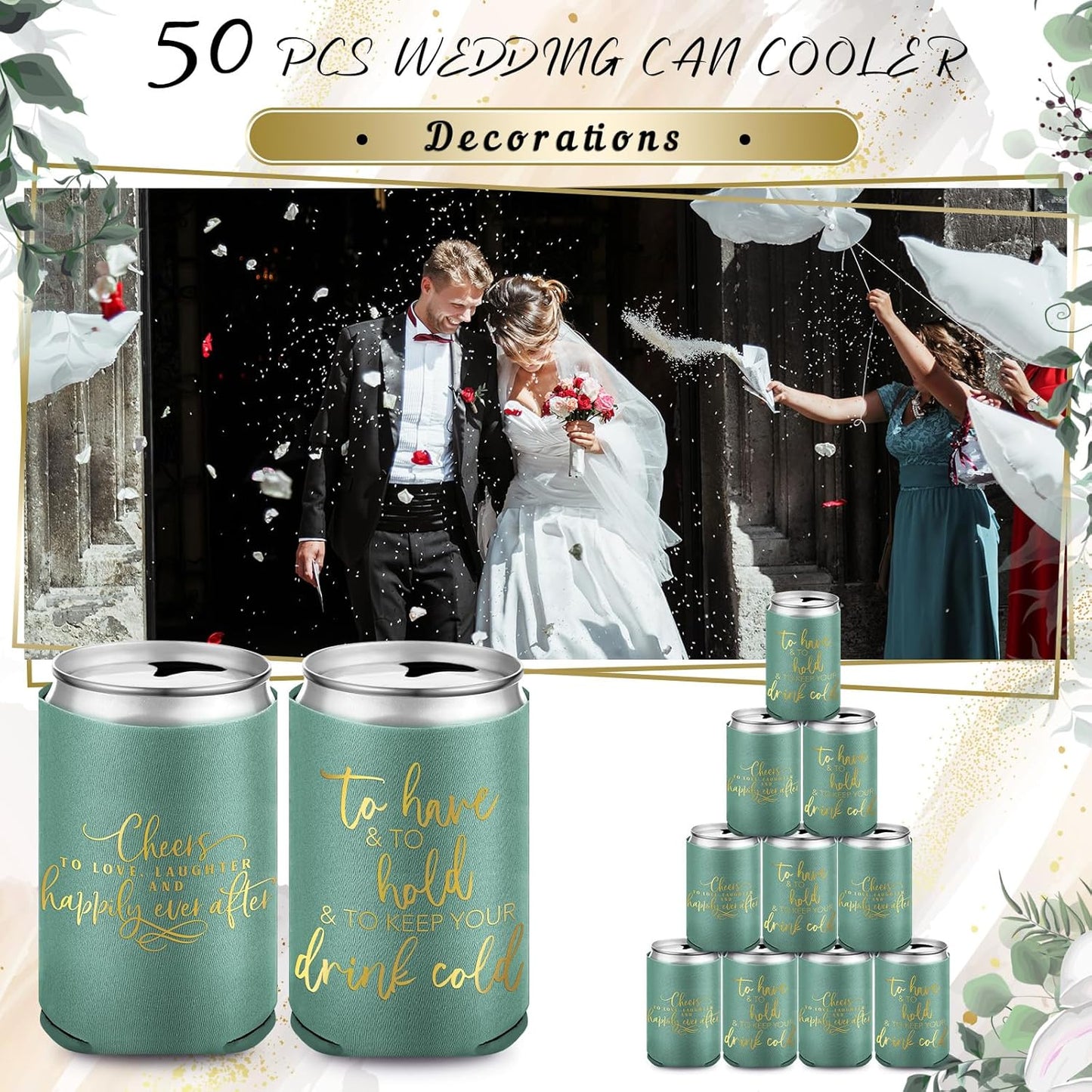 50 Pieces Green Wedding Can Cooler Bulk Engagement Party Favors for Guests Cheers to Love Laughter and Happily Ever After Rehearsal Dinner Decorations for Wedding Bridal Party