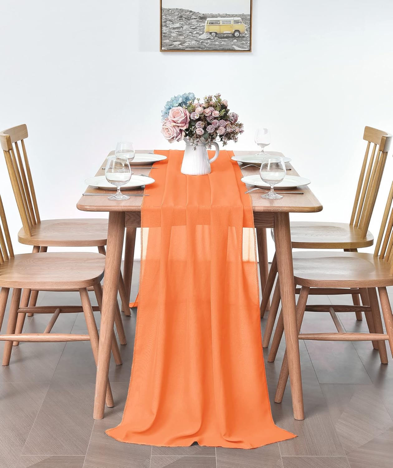 5 Pack 10Ft Chiffon Orange Table Runner Sheer 29x120 Inch for Romantic Wedding Decor Bridal & Baby Shower Birthday Rustic Party Decoration