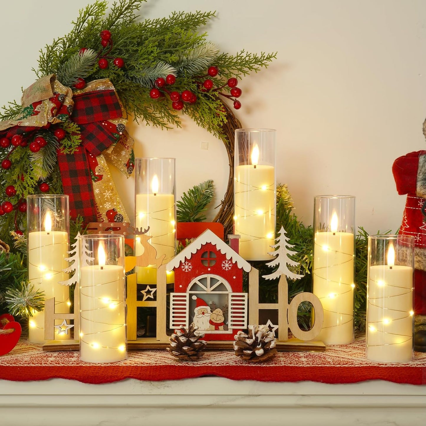 Homemory Flameless Candles with Embedded Star String Fairy Lights, Battery Operated Candles with Remote Control and Timer, Acrylic Flickering LED Candle for Fall Decor, Ivory, Set of 9, D2.2”xH5”6”7”