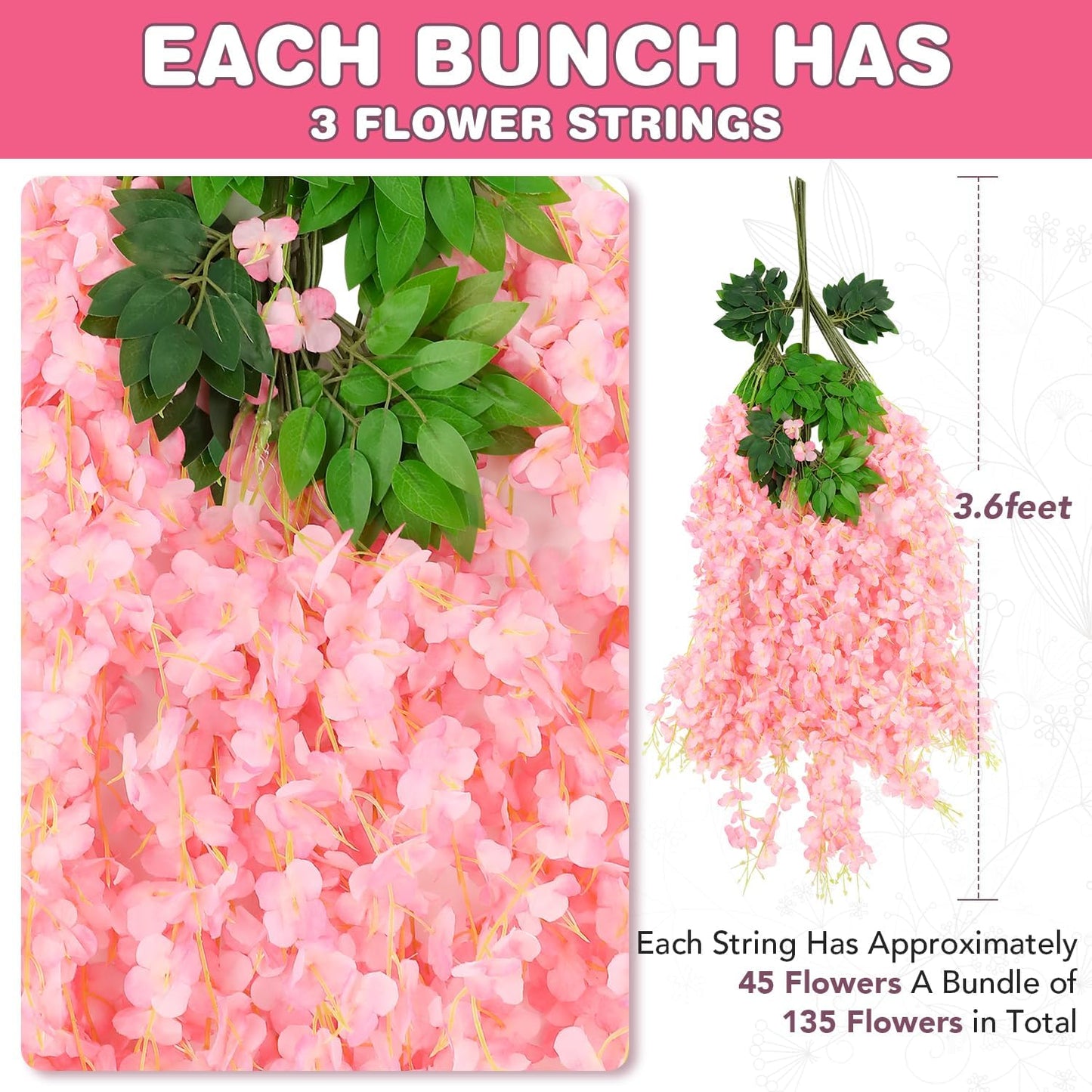 Wisteria Hanging Flowers,Fake Hanging Flowers,Wisteria artificiales Garland for Home Wedding Arch Floral Party Garden Ceremony Outdoor Decor,3.6 feet Long(50,Pink)