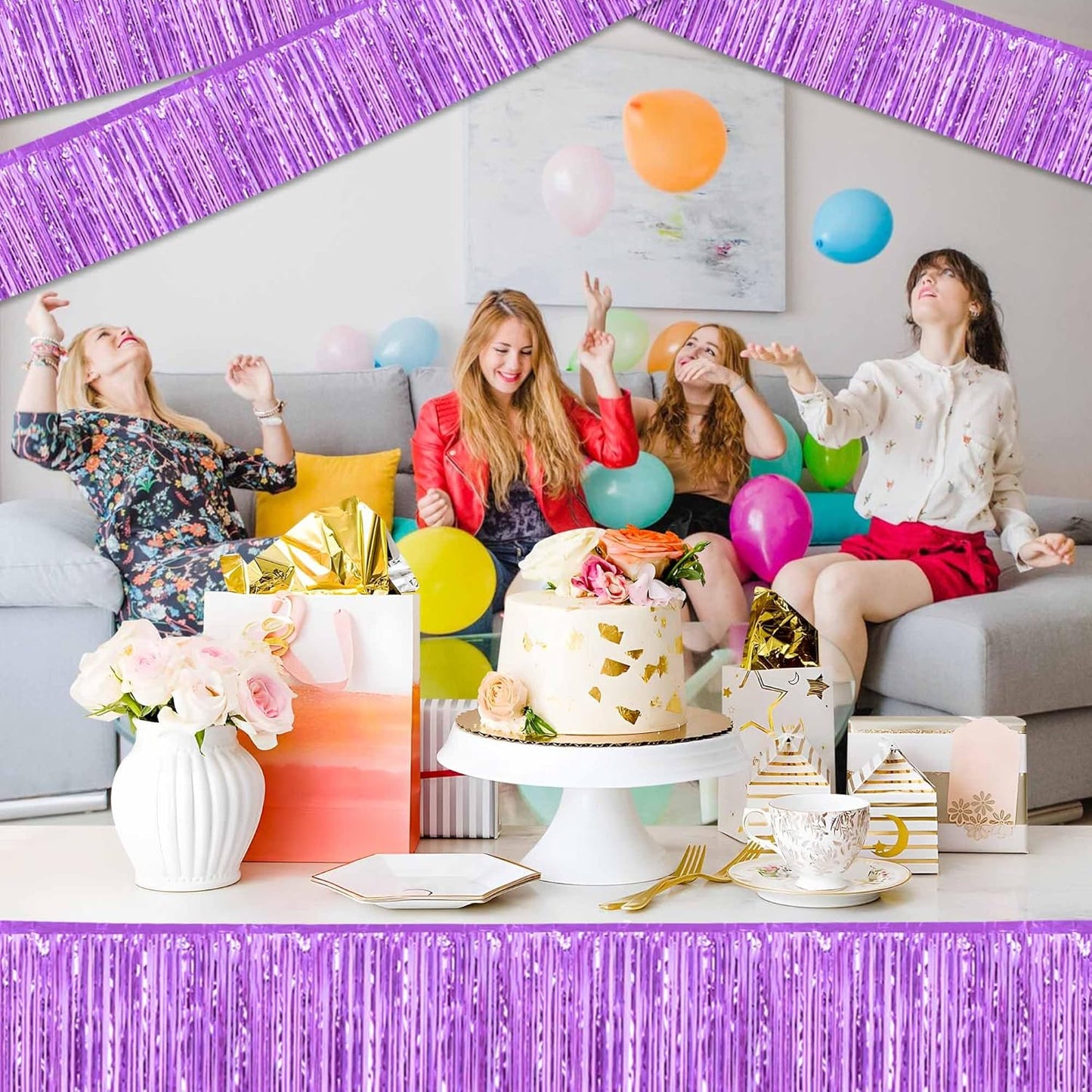 4 Pack 10 Ft Light Purple Foil Fringe Garland Metallic Streamers Tinsel Banner Wall Hanging Garland Backdrop for Parade Floats, Halloween, Christmas, Thanksgiving, New Year Party Decorations