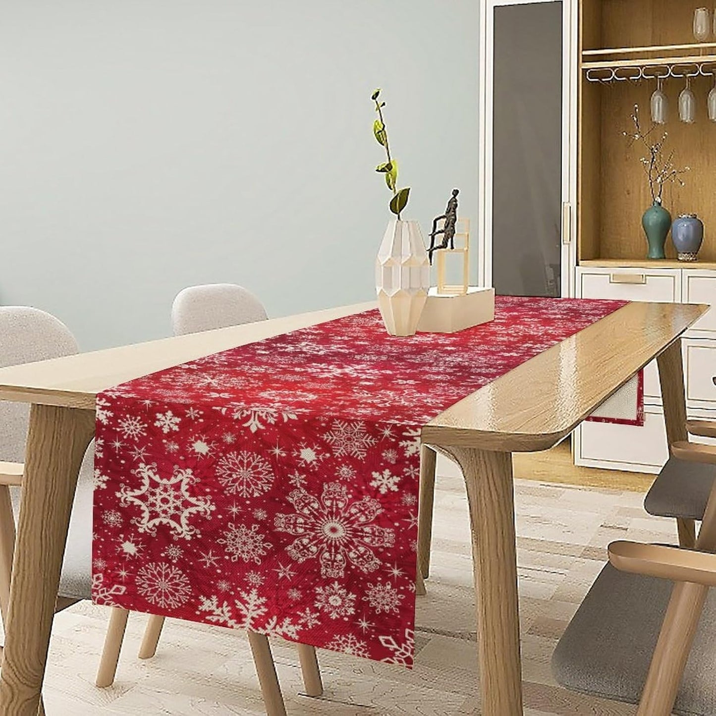 Snowflakes Christmas Table Runner, Winter Holiday Red Table Cloth Kitchen Dining Table Decoration for Home Party Decor 13x120 Inch