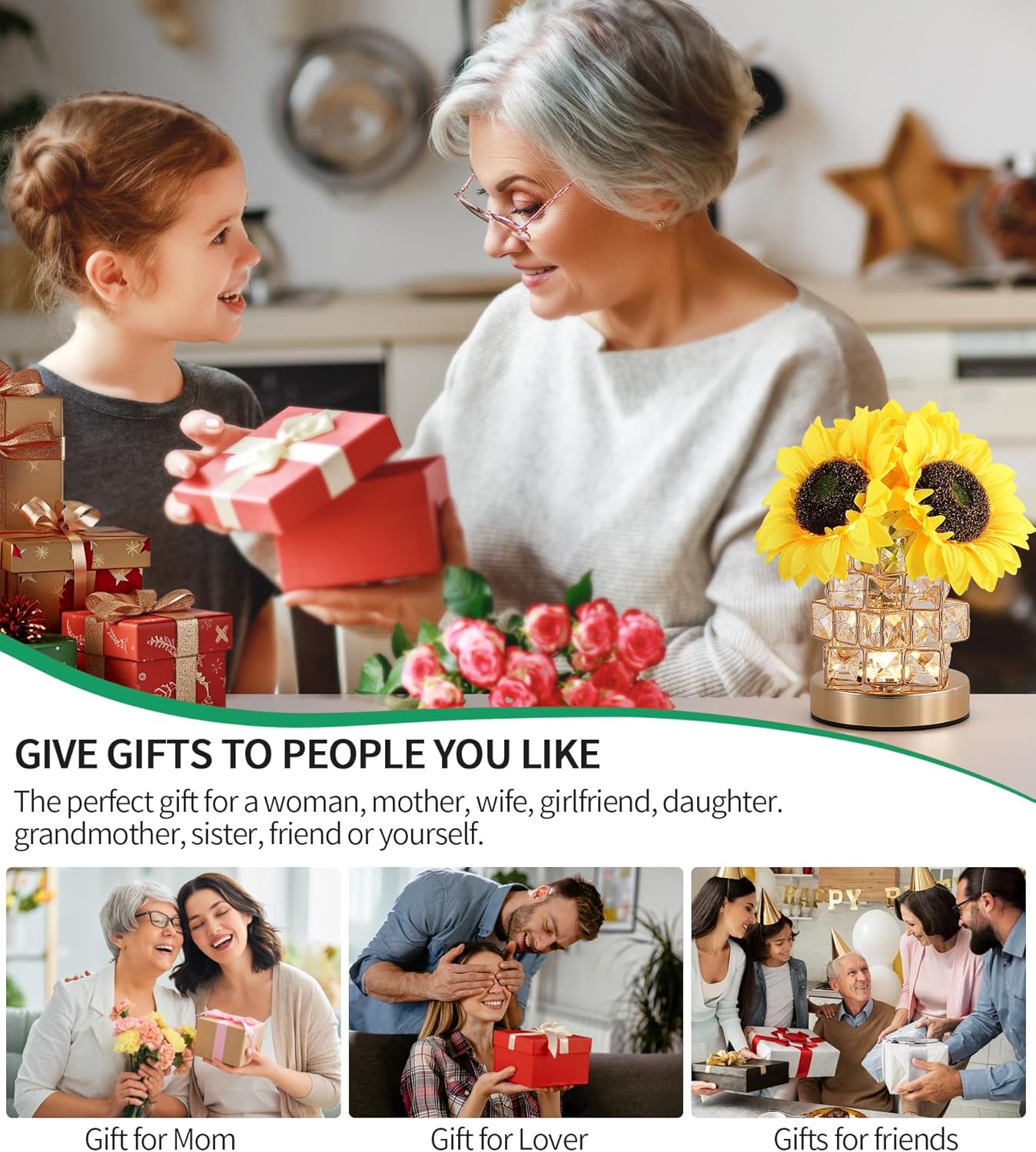 Sunflowers Lamp,Rechargeable Cordless Touch Lamp,3-Colour Infinitely Dimming Small Night Light,Crystal Table Lamp for Home Decor/Restaurant/Bar/Coffee Shop,Gifts for Women/Mom