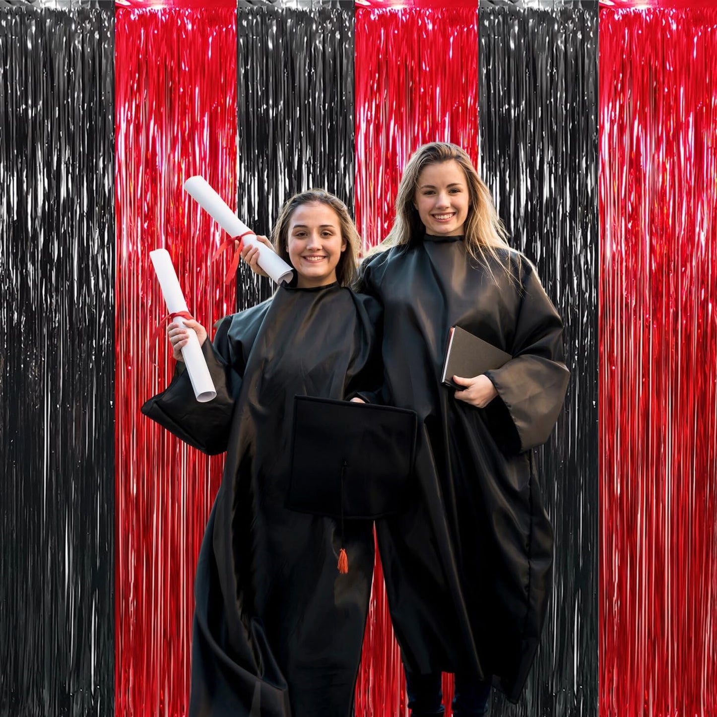 GOER 6.4 ft x 8.2 ft Metallic Tinsel Foil Fringe Curtains,Pack of 2 Party Streamer Backdrop for Birthday,Graduation Decorations and New Year Eve (Black&Red)