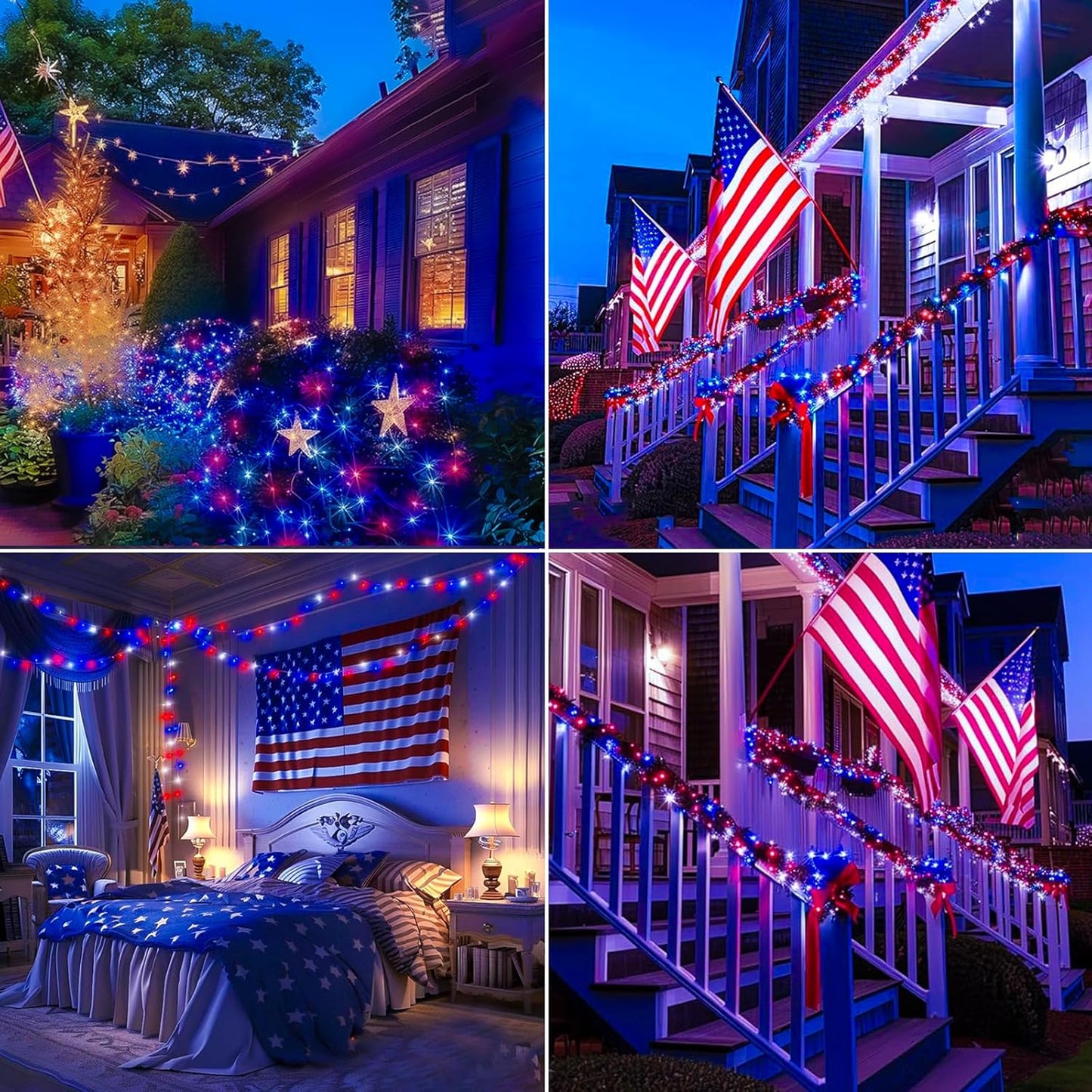 4th of July Decorations Lights Red White & Blue 200 Count 40 Feet Patriotic Mini String Lights Waterproof Independence Day for Indoor Outdoor Christmas Party Patio Memorial Day Décor