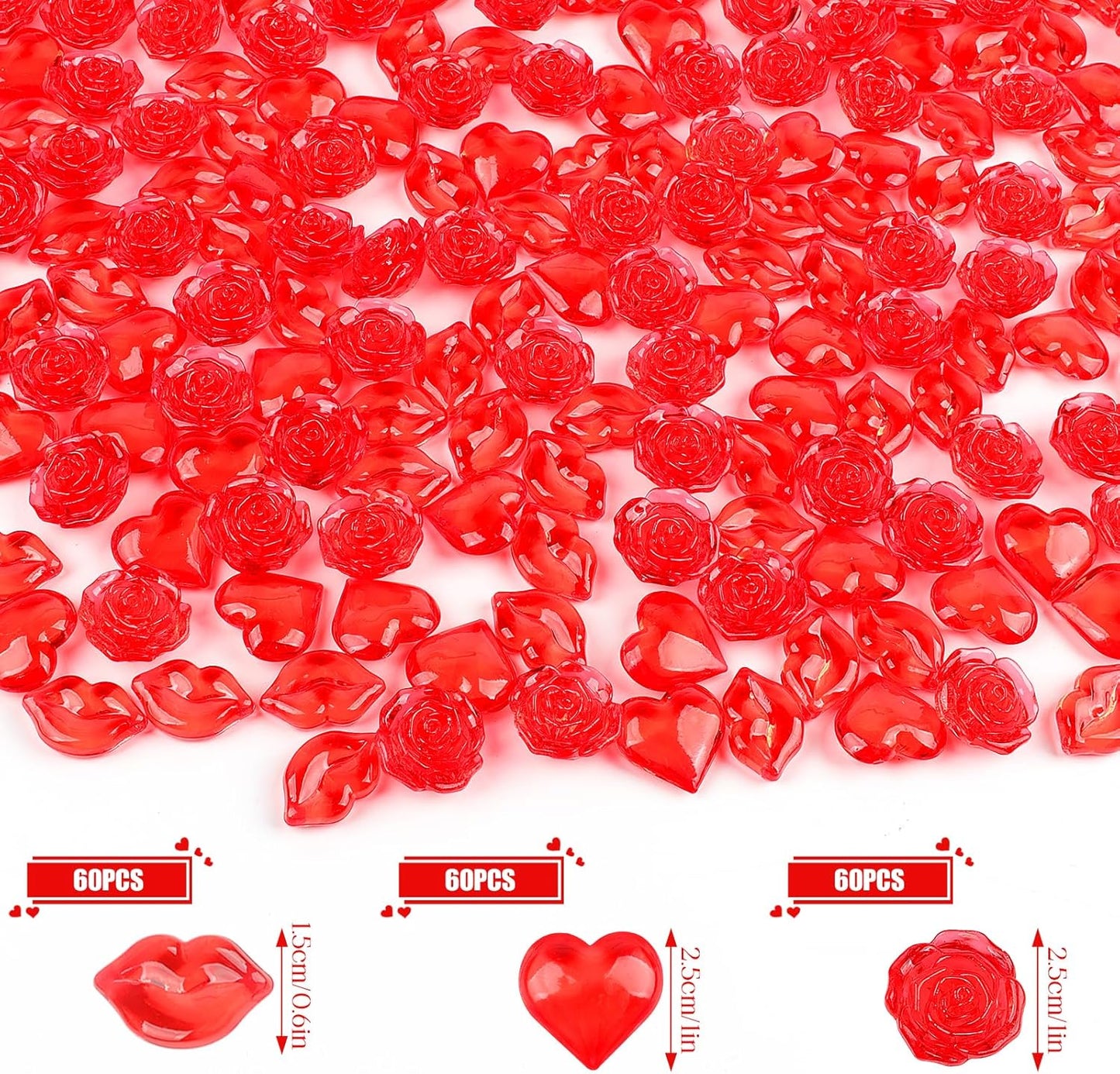 Fangoo 180PCS Red Acrylic Heart Ornaments Mini Acrylic Heart Rose Flower Lips Gems for Valentine Vase Filler Decor for Table Scatter Engagement Valentine's Day Wedding Anniversary Party（Red 12oz）