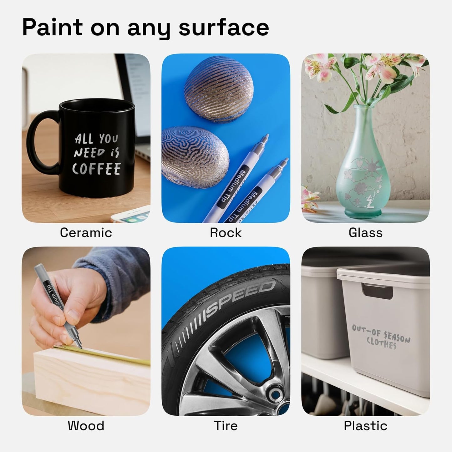 ARTISTRO 2 Silver Permanent Marker - Waterproof Markers for Tire, Fabric, Rocks, Glass, Ceramic, Wood, Paper - Oil Based Paint Pens - Medium Tip 3mm