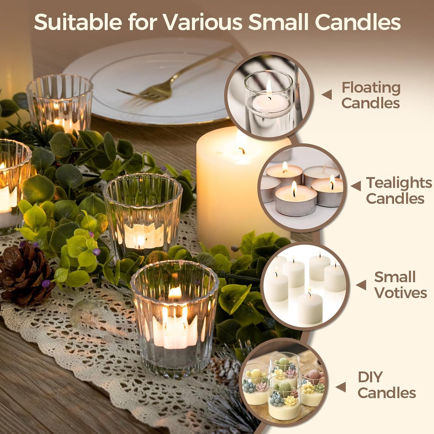 ComSaf Votive Candle Holders, 12 PCS Glass Candle Holders, Ribbed Tealight Candle Holder for Table Centerpieces, Clear Candle Holder for Wedding, Home Decor, Party, Baby Shower, Special Occasions
