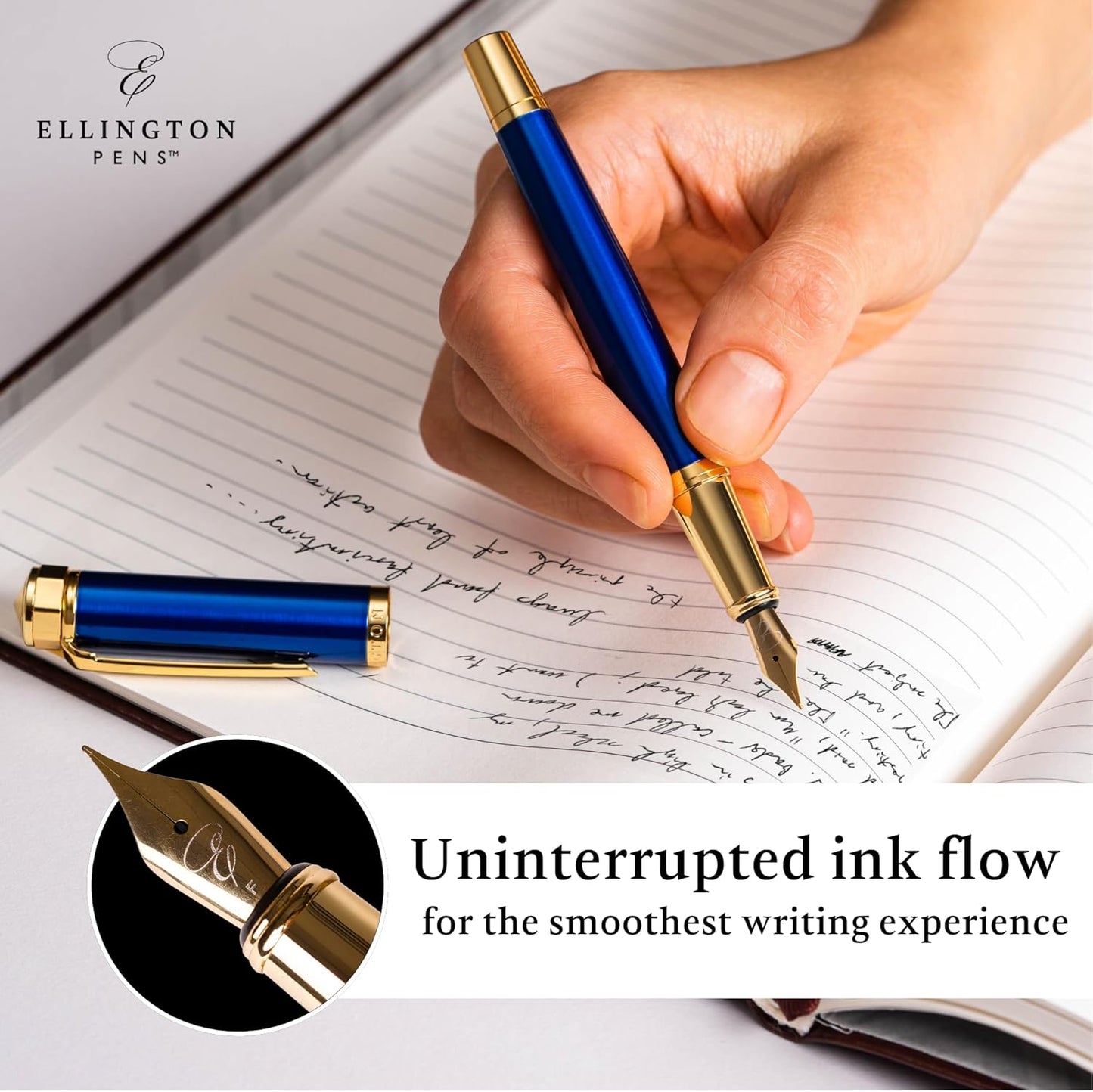 Ellington Pens Luxury Fountain Pen Set- Fountain Pens for Writing - Smooth Extra Fine Nib - Includes Refillable Ink Converter, 3 Ink Cartridges [Black & Blue], Gift Box - Elegant Calligraphy