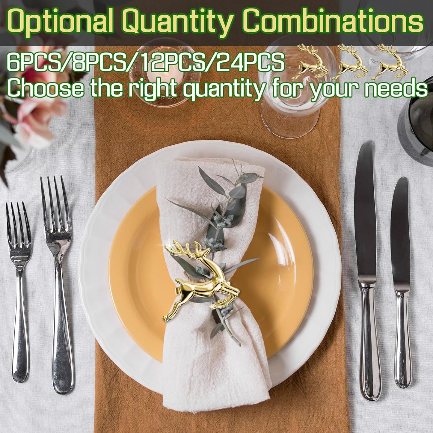 ZeeDix Gold Reindeer Christmas Napkin Rings Set of 6, Napkin Holder Ring for Christmas Dinner Table Decor Cloth Napkins, Wedding Receptions, Holiday Party, Banquet and Home Kitchen