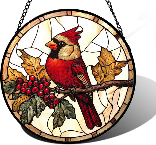 Stained Glass Window Hanging, Birds on a Branch Cardinal Sun Catchers Diamond Glass Panel Hangings Suncatcher Decor for Birthday for Women, Men, Wife, Aunt,and Mom 7.8X7.8IN